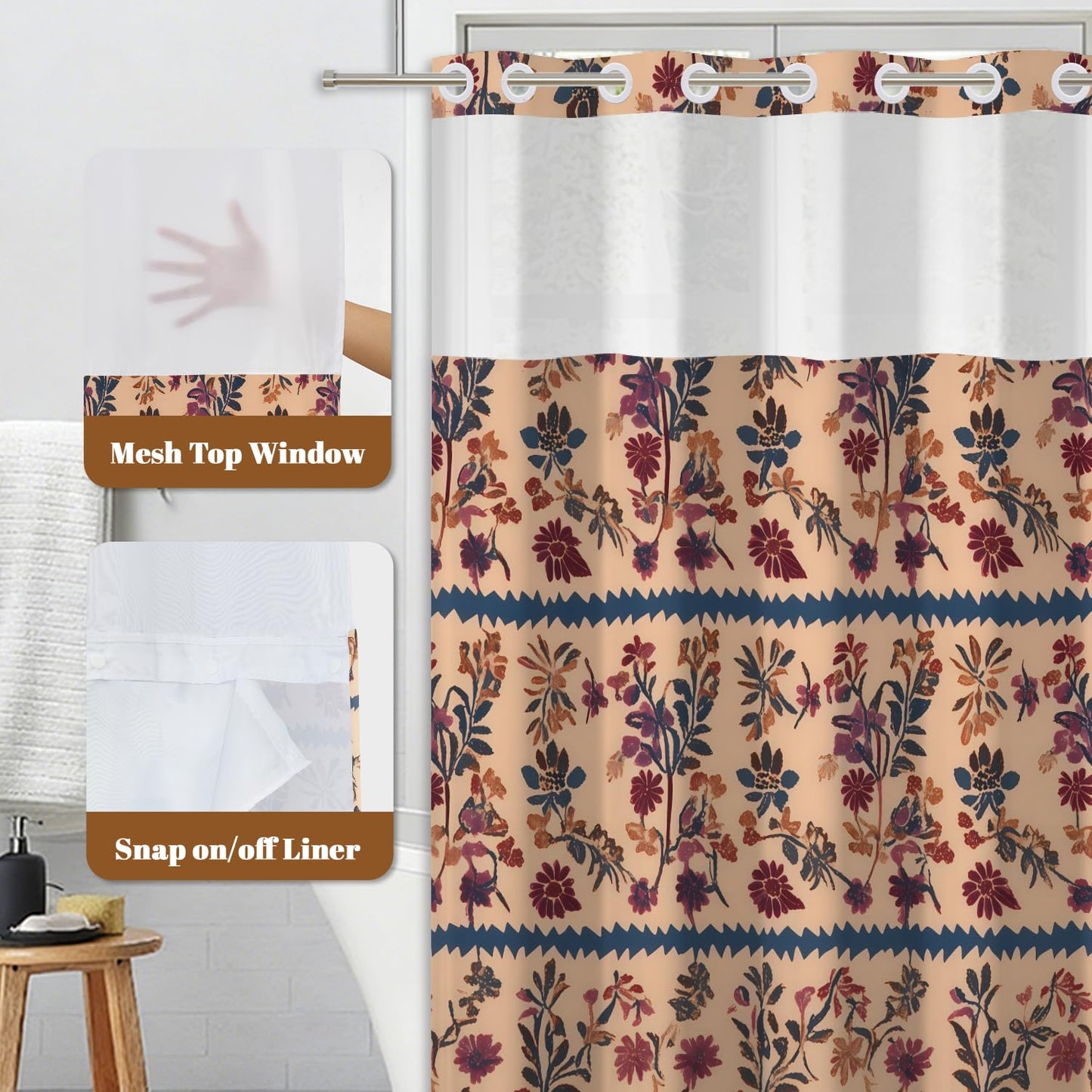 Xiazhilaio Vintage Boho Floral No Hook Shower Curtain with Snap in Liner