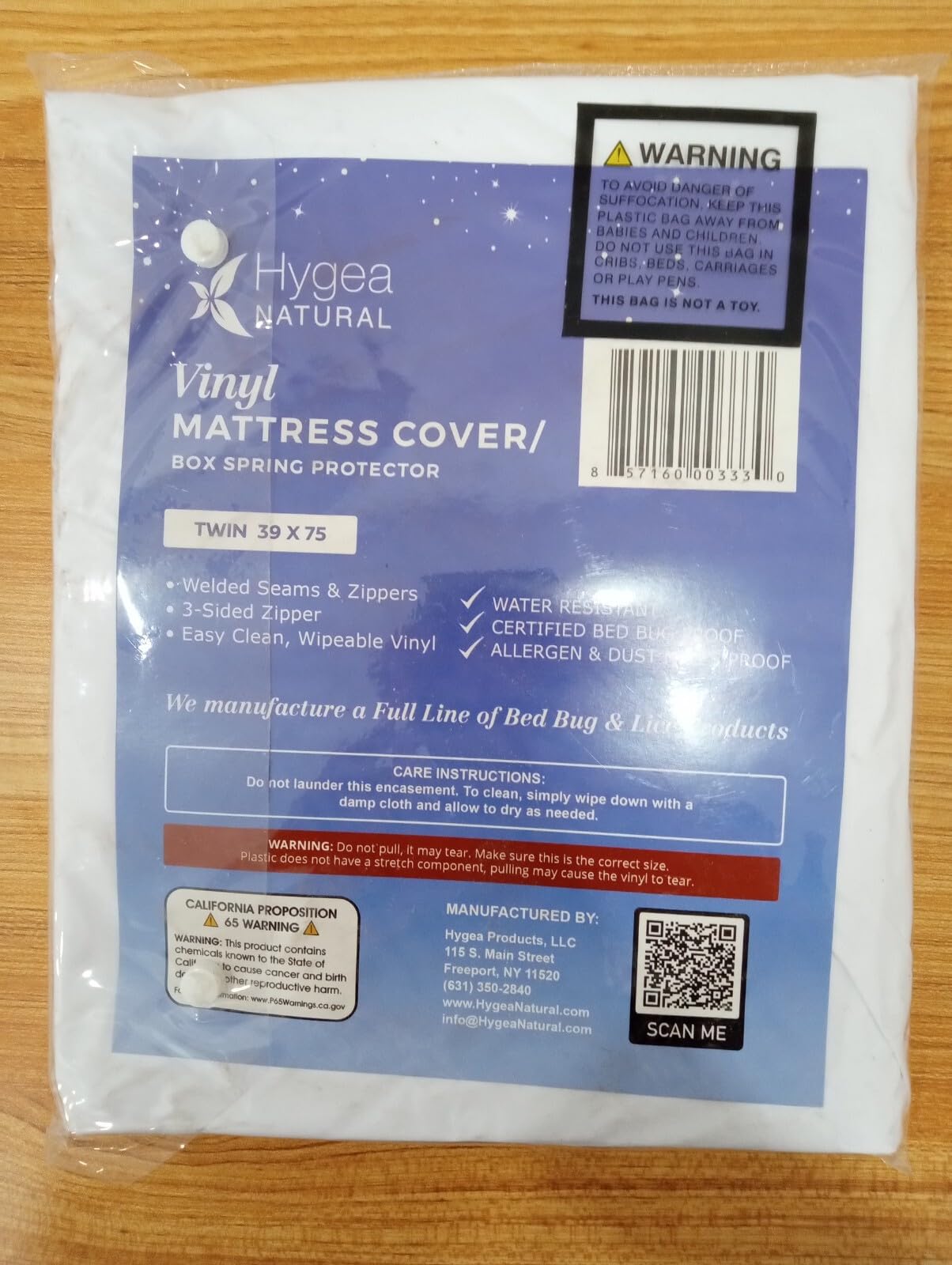 Hygea Natural Twin Size Tear-Free Heavy Duty Vinyl Box Spring and Mattress Cover - Waterproof, Anti-Bed Bug and Allergen-proof, Zippered Encasement - 39” x 75” x 9” Deep - Durable Protection