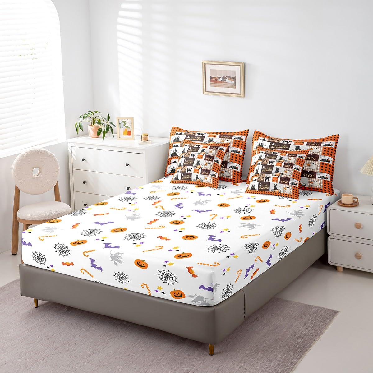 Erosebridal Plaid Halloween Bed in A Bag with Sheets Orange Cartoon Halloween Bedding Set Pumpkin Ghost Twin Comforter Set 7 Piece for Boys Girls Kids Gothic Black Cat Castle Bed Set