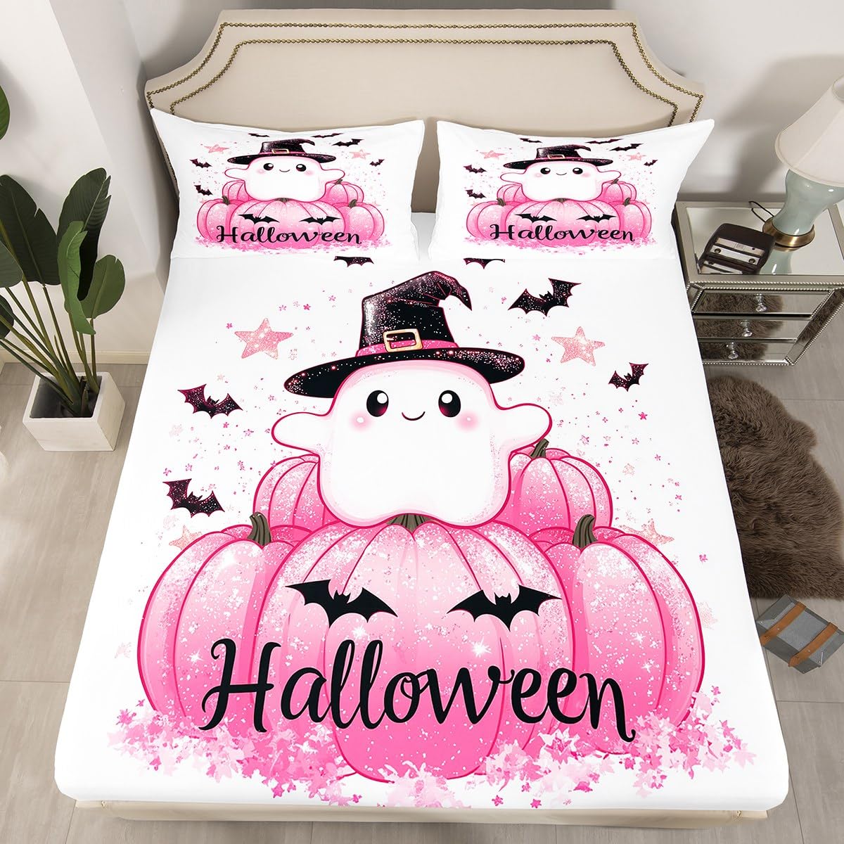 Feelyou Kids Halloween Bedding Set Full Size, Cute Ghost Bed Sheet Set Boys Girls Pink Pumpkin Fitted Sheet Black Bat Teens Bedroom Decor Bed Set 3Pcs (No Flat Sheet)