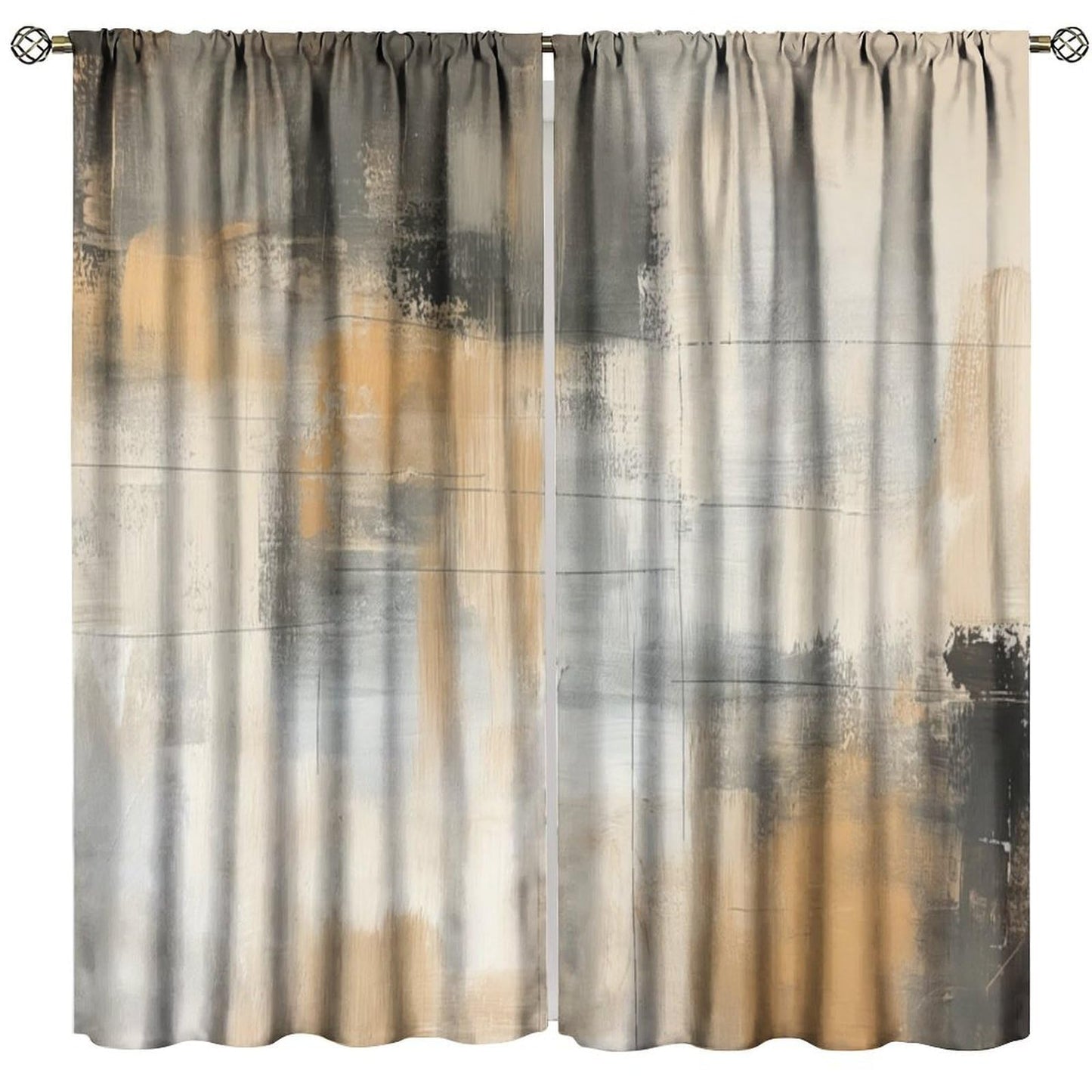 Abstract Beige Gray Taupe Curtains, Rod Pocket Black Tan Neutral Art Painting Modern Window Drapes for Living Room Bedroom, 20.5" W x 44.5" L, 2 Panels （No Blackout）