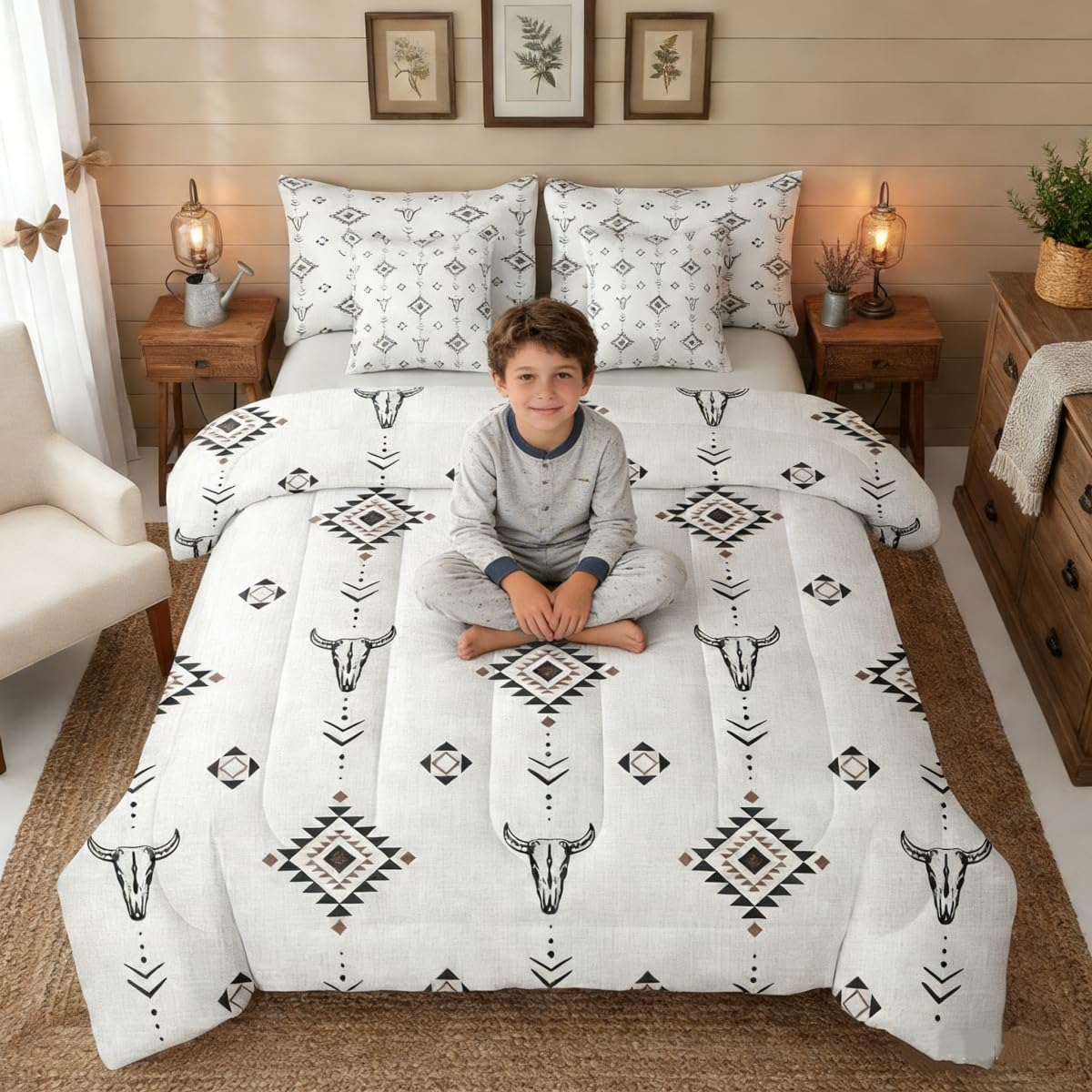 Erosebridal Western Aztec Comforter Set Queen Size, Boho Farmhouse Bedding Set 7 Piece for Kids Boys Teens Bedroom Ethnic Southwest Bull Skull Cow Bed in A Bag American Native Southwestern Sheet Sets
