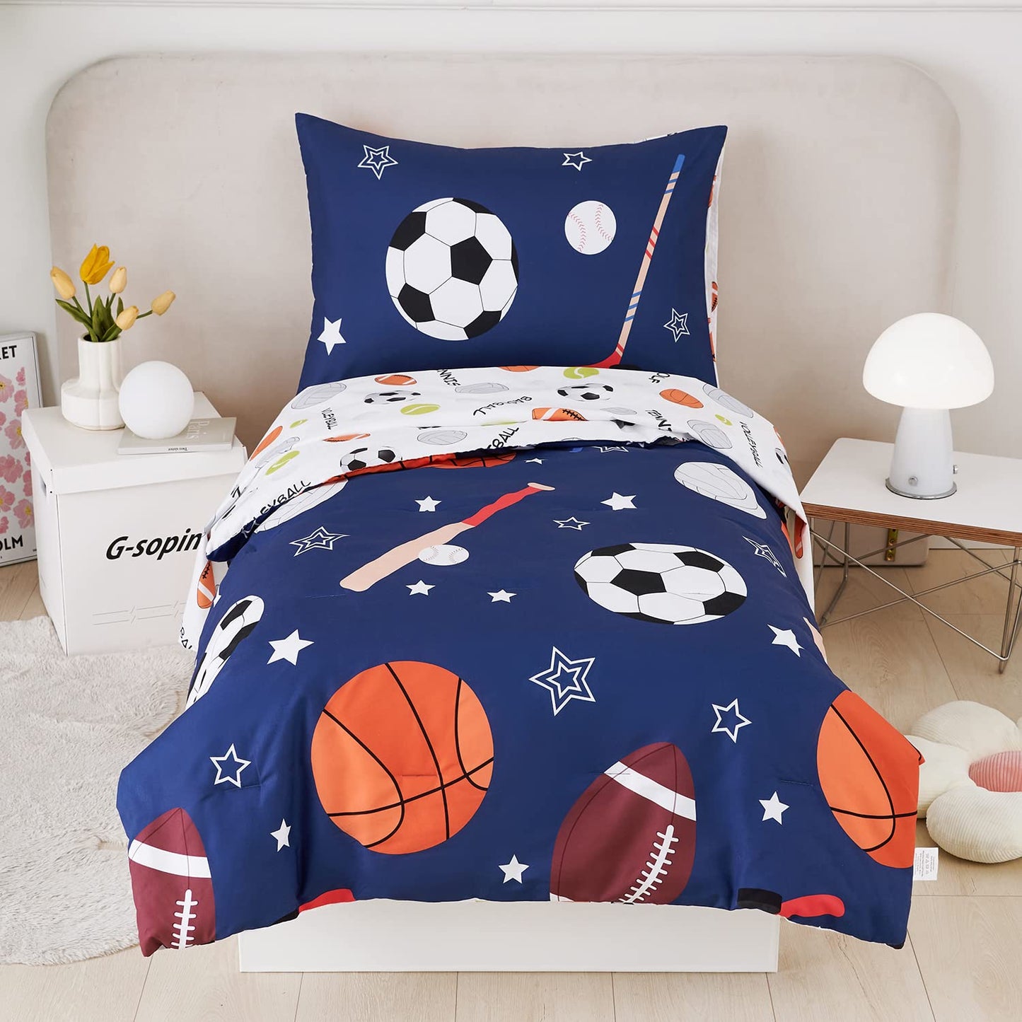 URBONUR 4-Piece Toddler Bedding Set - Ultra Soft Sports Series Baseball Football Basketball Boys Toddler Comforter Set Navy - Include Comforter, Flat Sheet, Fitted Sheet and Reversible Pillowcase
