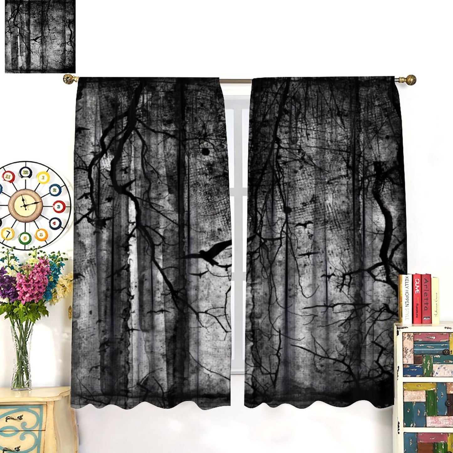 Gothic Crow Curtains,Abstract Black Birds Raven Dark Halloween Window Treatments for Bedroom Living Room Kitchen Window Drapes 2 Panel Set,Total Size 42 x 45 Inch
