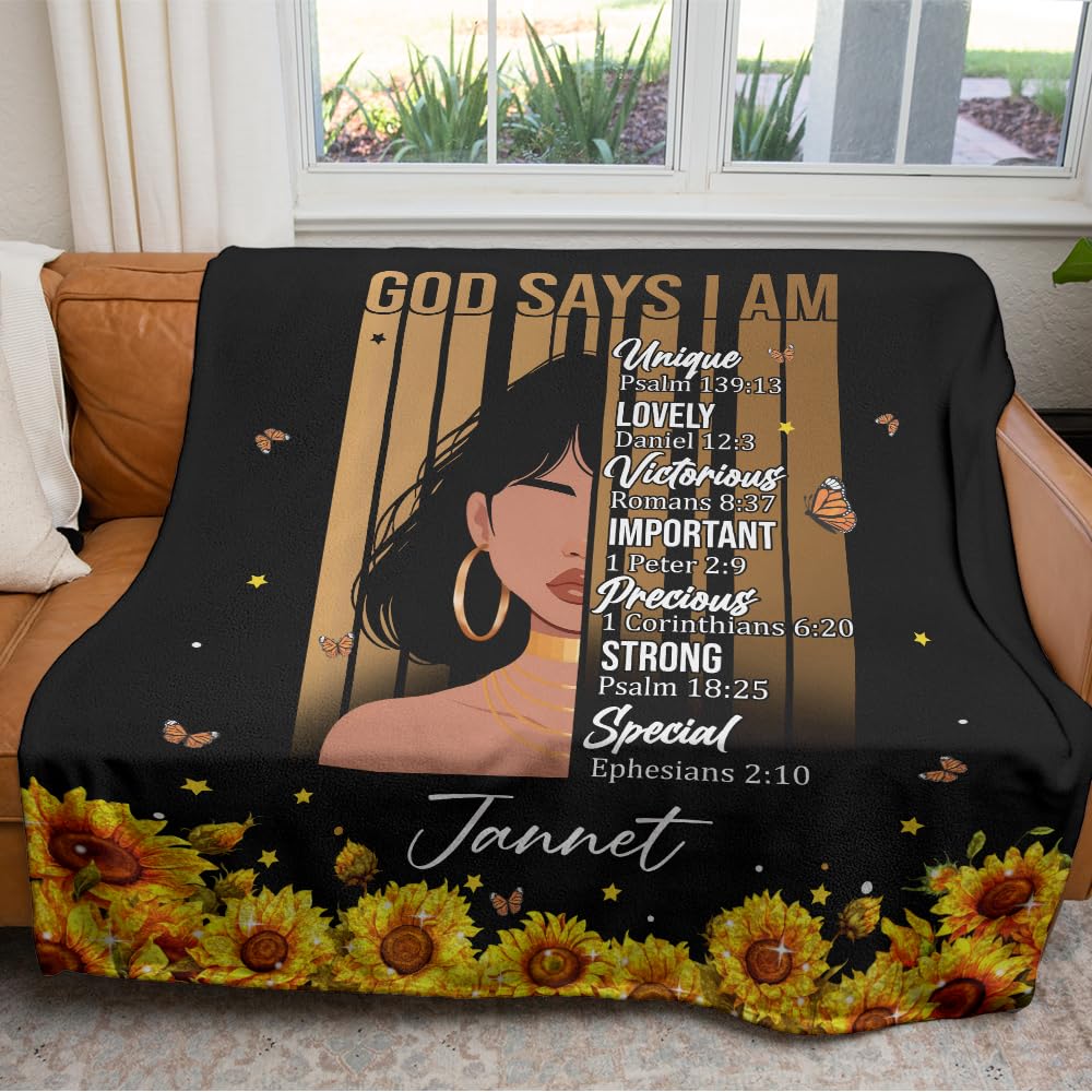 CAPOZEN Personalized God Says I AM Blanket – Custom Name African Inspirational Christian Throw Blankets Gifts for Queen Girl Black Women (Style #3)