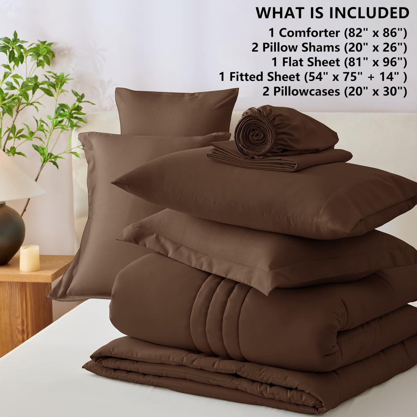 CozyLux Full Size Comforter Sets Brown - 7 Pieces Bed in a Bag, Modern Vertical Quilted Room Decor, Soft All-Season Bedding Gift with Comforter, Sheets, Pillowcases & Shams