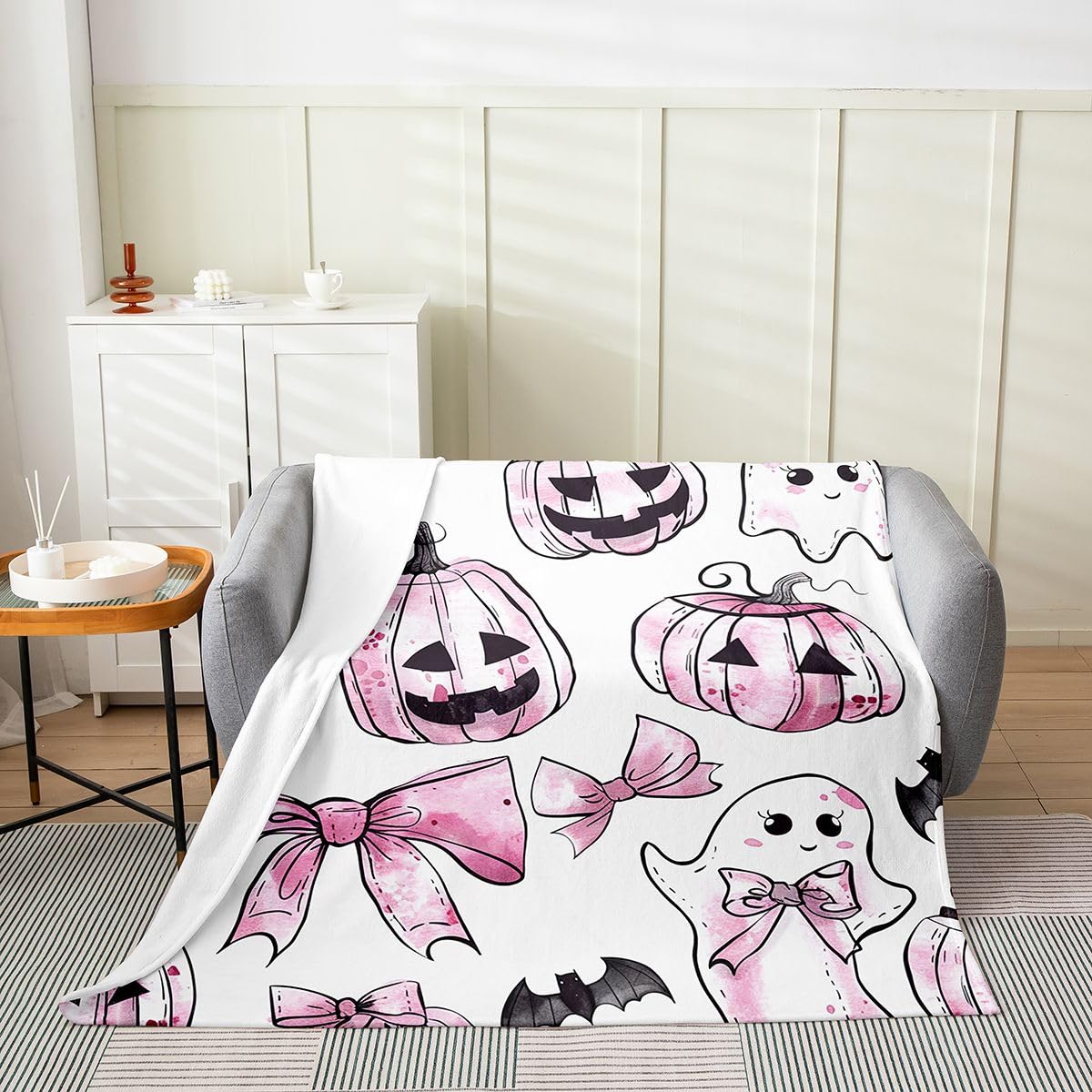 Feelyou Spooky Pumpkin Fleece Throw Blanket Halloween Themed Flannel Blanket Plush Fuzzy Bowknot for Bed Couch Chair Living Room Ghost 40"x50" Spooky Pumpkin Bedroom Decor
