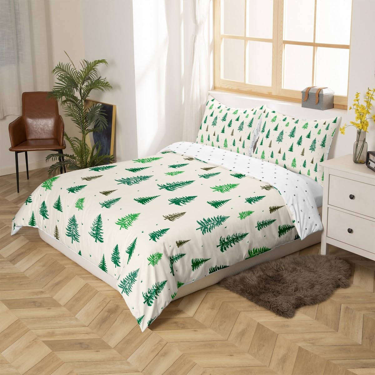 Castle Fairy Christmas Tree Duvet Cover Sets Twin Size,Green Pine Bedding Set 2pcs for Kids Teens Girls Boys Room Decor,Nature Plants Comforter Cover Soft Microfiber Quilt Cover with 1 Pillowcase