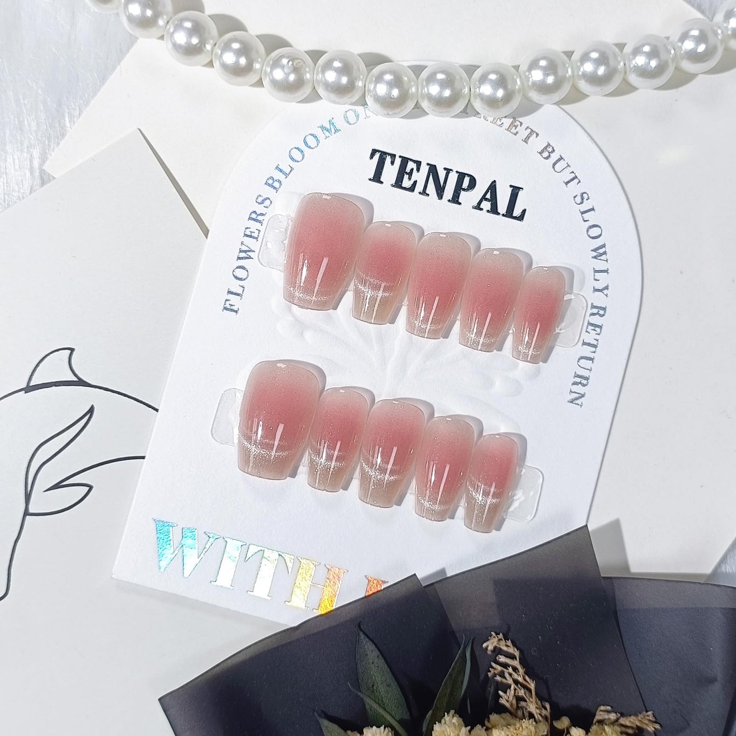 TENPAL Handmade Press on Nails Medium,Peach Pink Cat Eye Coffin Nails, Removable Acrylic Spring Summer Pink Fake Nails With Tools,Sweet Sassy Minimalist Gel Effect Glue on Nails for Women Girls(XS)