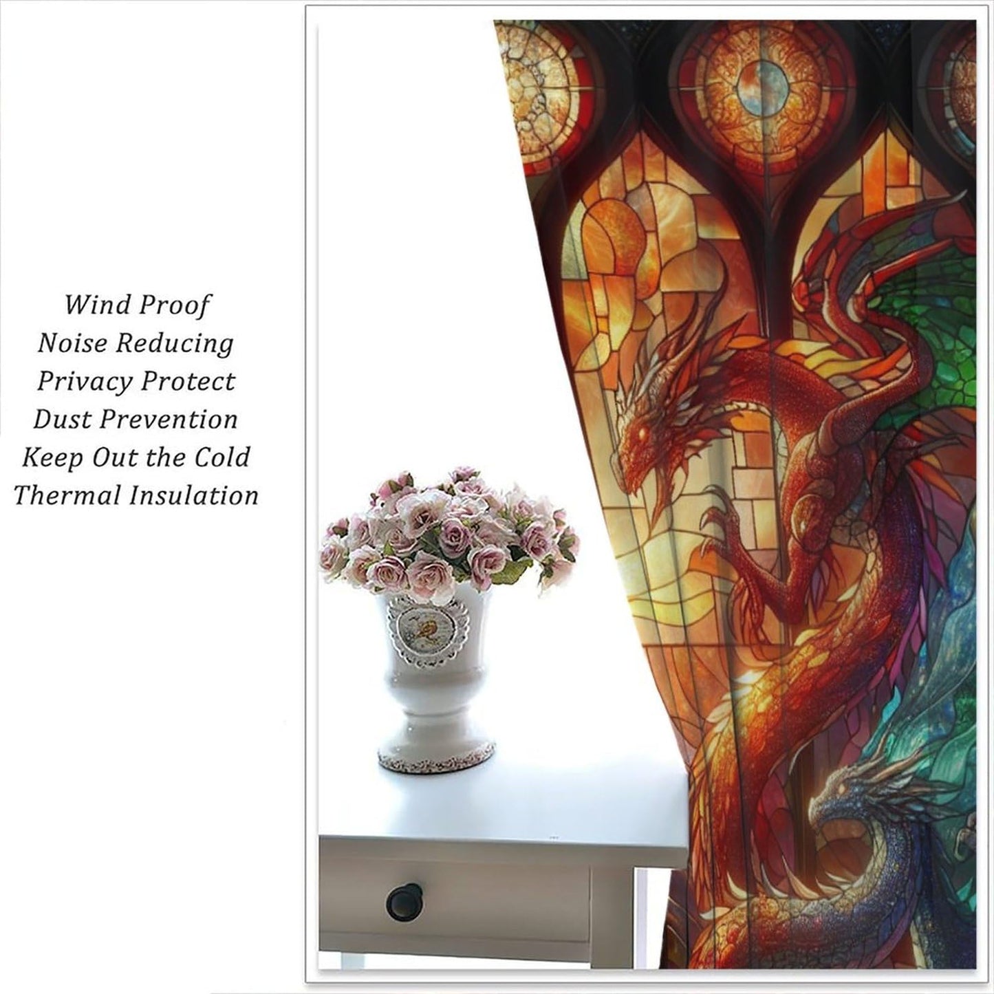 FengMingRui Western Dragon Kids Window Curtains, Stained Glass Green Red Dragon Natural Window Treatments for Boys Girls Bedroom Game Room Window Drapes 42" W X 45" L