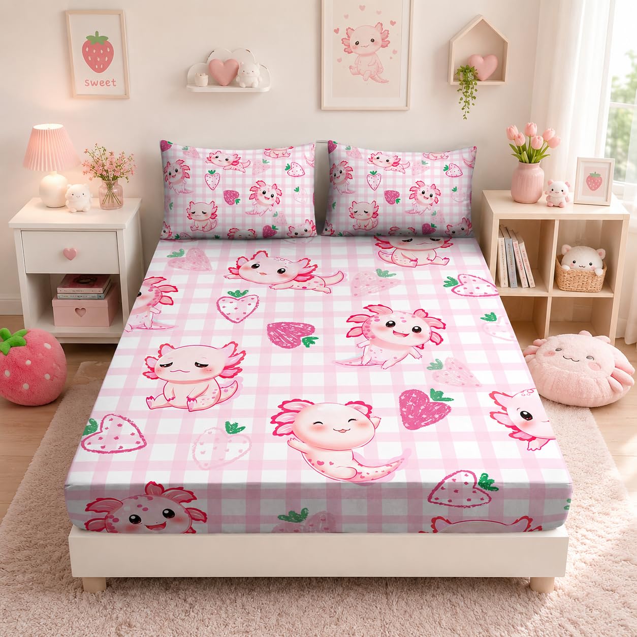 UEVBF Cute Axolotl Bedding Set Twin Size,Pink White Axolotl Strawberry Fitted Sheet for Kids Girls Toddler Aesthetics Room Decor,Beach Coastal Themed Bedding,1 Fitted Sheet+2 Pillowcases.