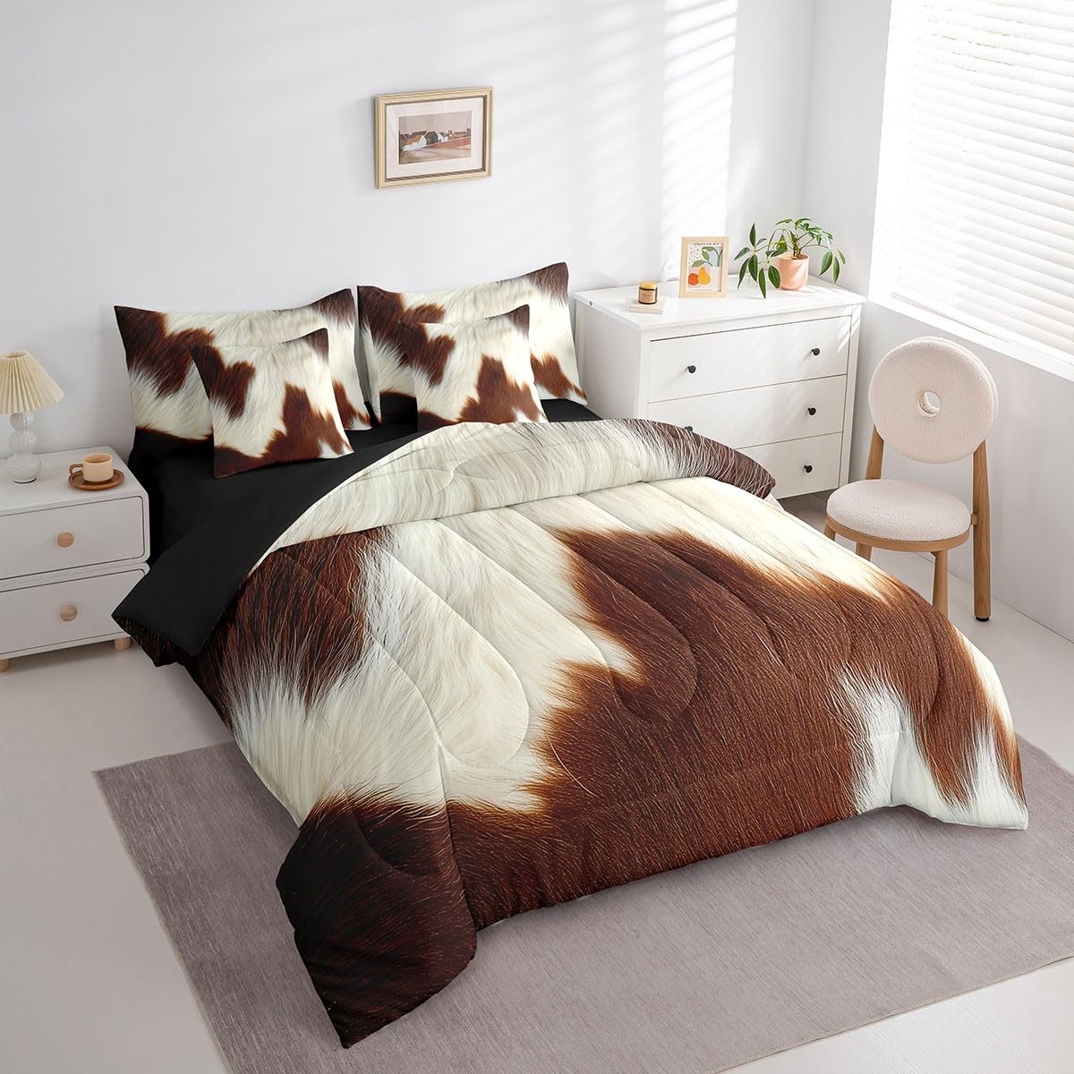Erosebridal Brown Cowhide Teens Comforter Set 7 Piece Cute Cow Print Bedding Set King Size Western Cowboy Bed in A Bag for Kids Boys Adult Bedroom Animal Fur Country Sheets