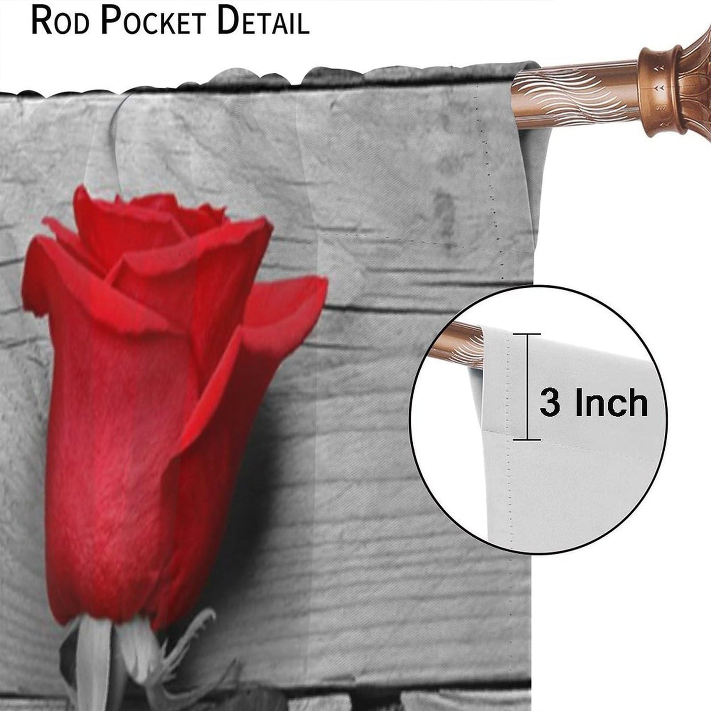 GoDazzling Red Rose Wooden Floral Curtains, Farmhouse Rustic Flower Black Red Rod Pocket Window Drapes, for Bedroom Living Room. 41" W X 45" L (No Blackout)