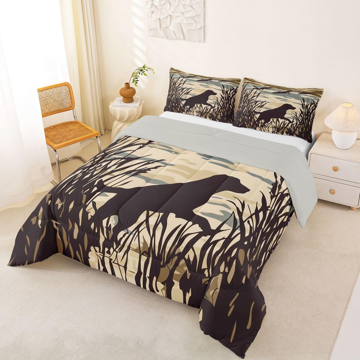 jejeloiu Dog Hunter Bedding Set Soft for Boys Girls, Dog Comforter Set Full Size Farmhouse Theme Duvet Quilt Microfiber Bedroom Decor 3 Pcs with 2 Pillow Cases