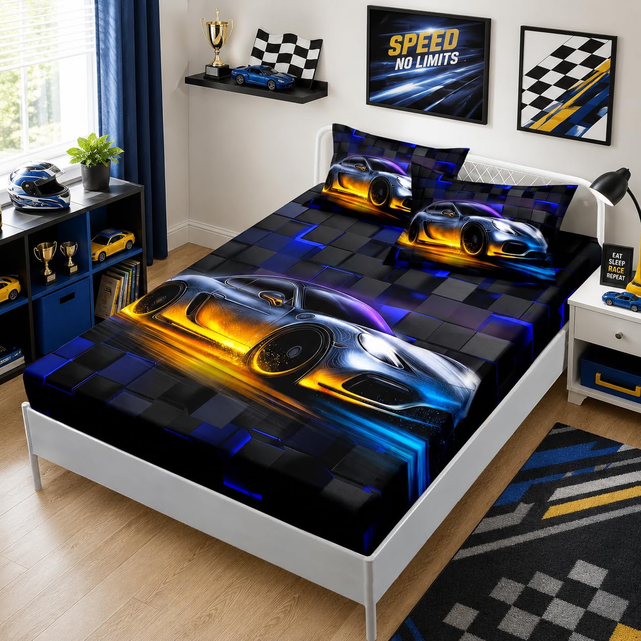 HOSIMA Boys Race Car Fitted Sheet Twin,Black Blue Geometric Background Pattern Lightweight Cool Extreme Sports Bedding for Kids Men Car Room Decor,1 Fitted Sheet+2 Pillowcases.
