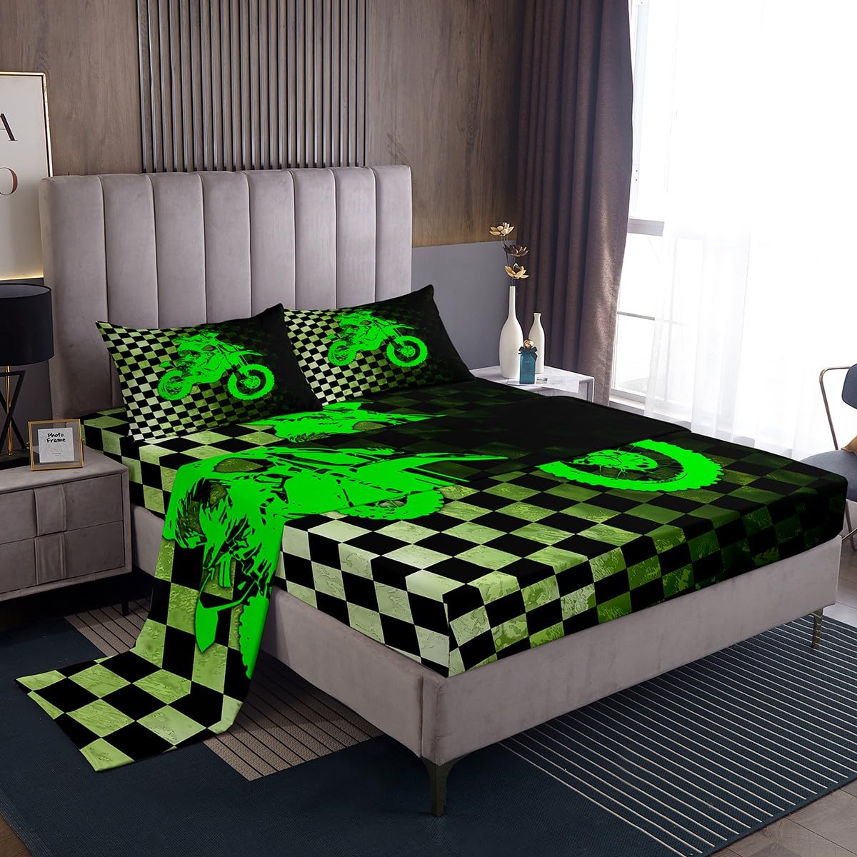 Boys Dirt Bike Bed Sheets,Motocross Rider Queen Sheet Set,Black and White Buffalo Plaid Sheets,Cool Sport Car Flat Sheet Fluorescent Green Motorcycle Fitted Sheet for Kids Teens Bedroom Decor…