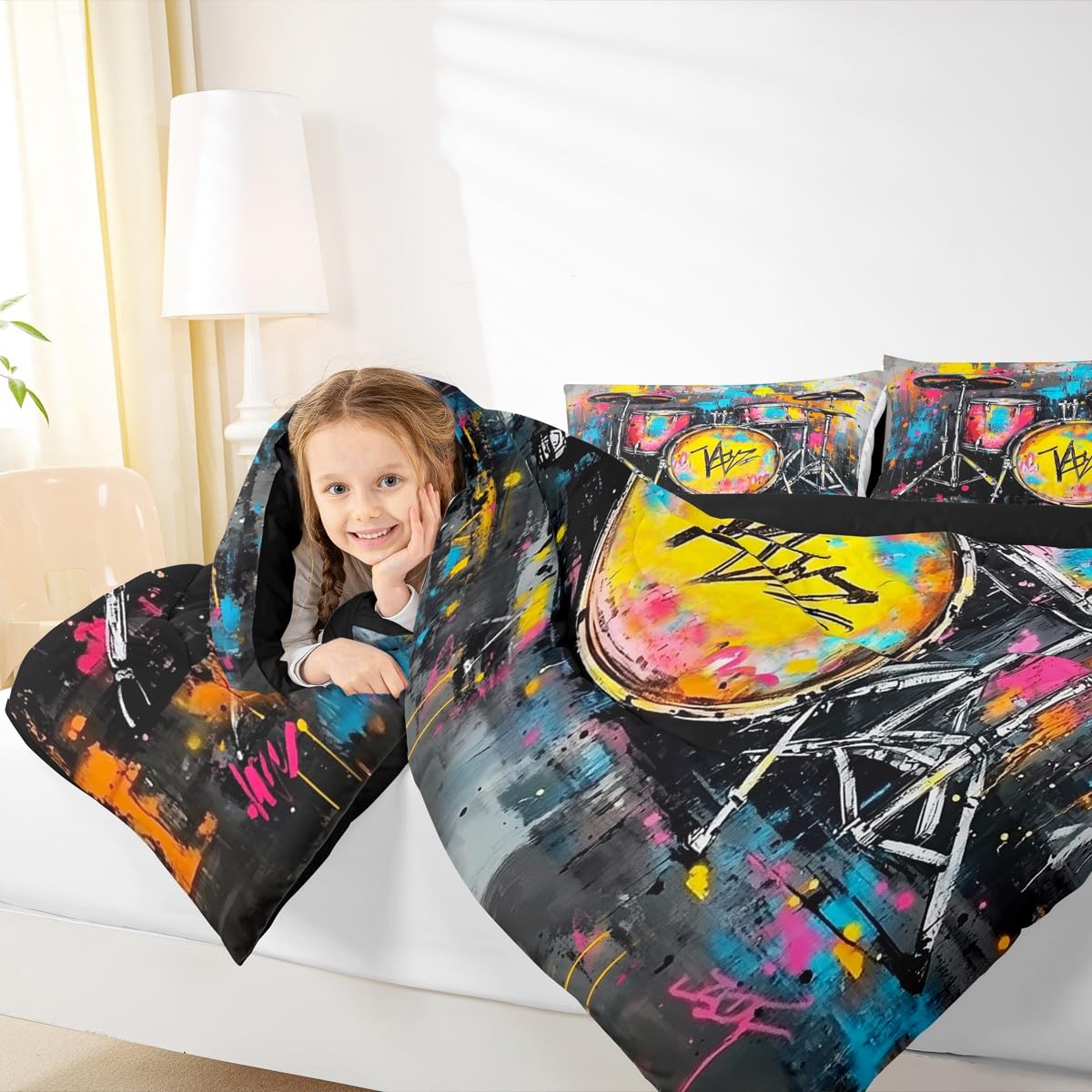 Erosebridal Rock Drum Kit Bedding Set Queen Graffiti Musical Instrument Comforter Set for Kids Boys Girls Music Theme Down Comforter,Rock Music Lovers Quilt Duvet