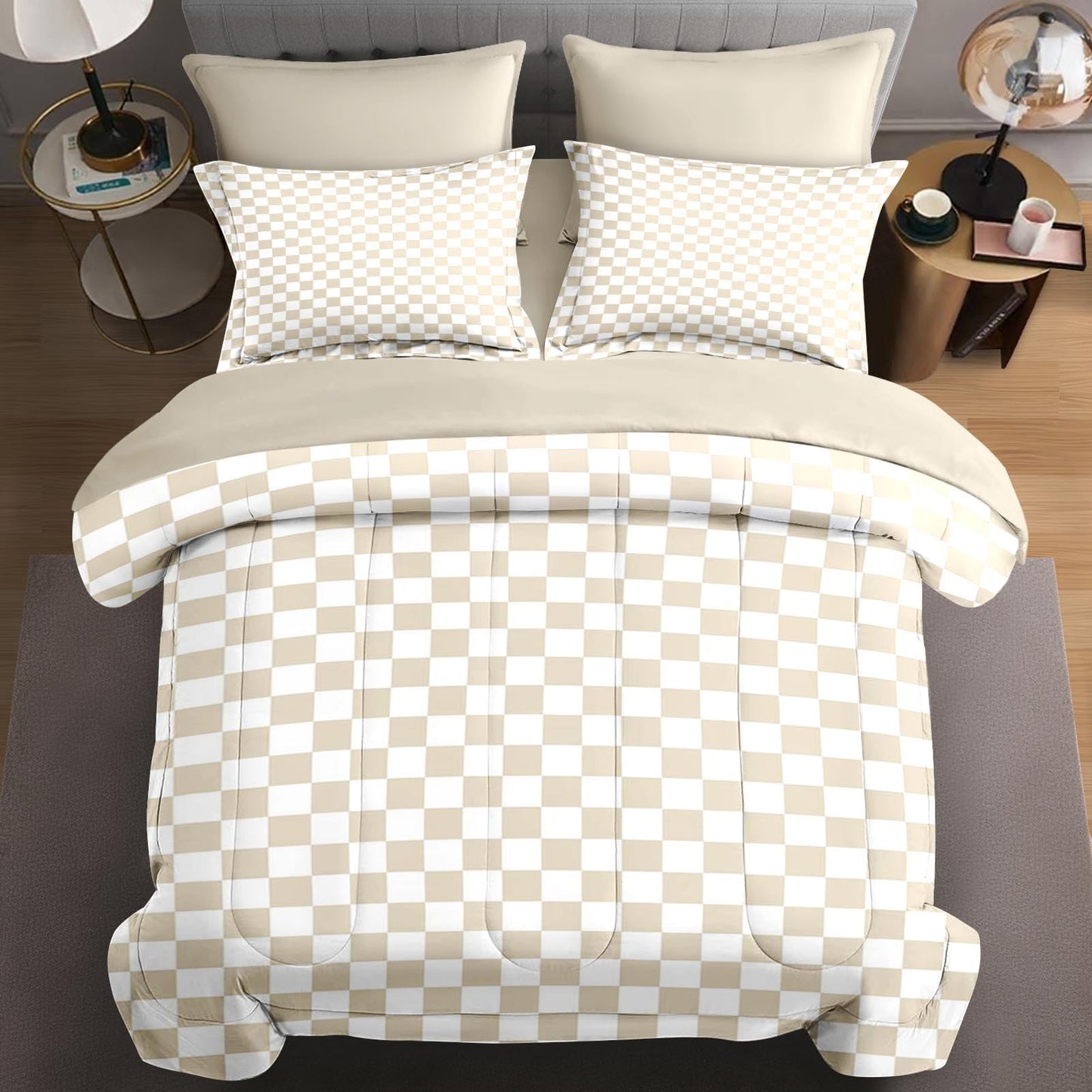 Nesphy Plaid Checkerboard Grid Geometric Beige Comforter Set 7 Pcs Full Size Quilt, Modern Checkered Op Art Soft Bedding Set with Flat and Fitted Sheet Pillowcases Sham for Adults Bedroom Bed Decor