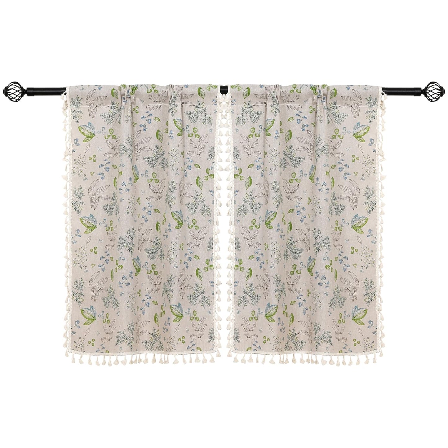 Moslovstar 2 Panels Linen Tassels Curtains Farmhouse Green Branch Leaves Vintage Semi Sheer Window Curtain for Kitchen Bathroom, 26x36in Tiers Curtain