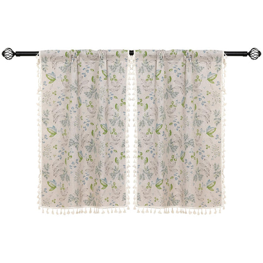 Moslovstar 2 Panels Linen Tassels Curtains Farmhouse Green Branch Leaves Vintage Semi Sheer Window Curtain for Kitchen Bathroom, 26x36in Tiers Curtain