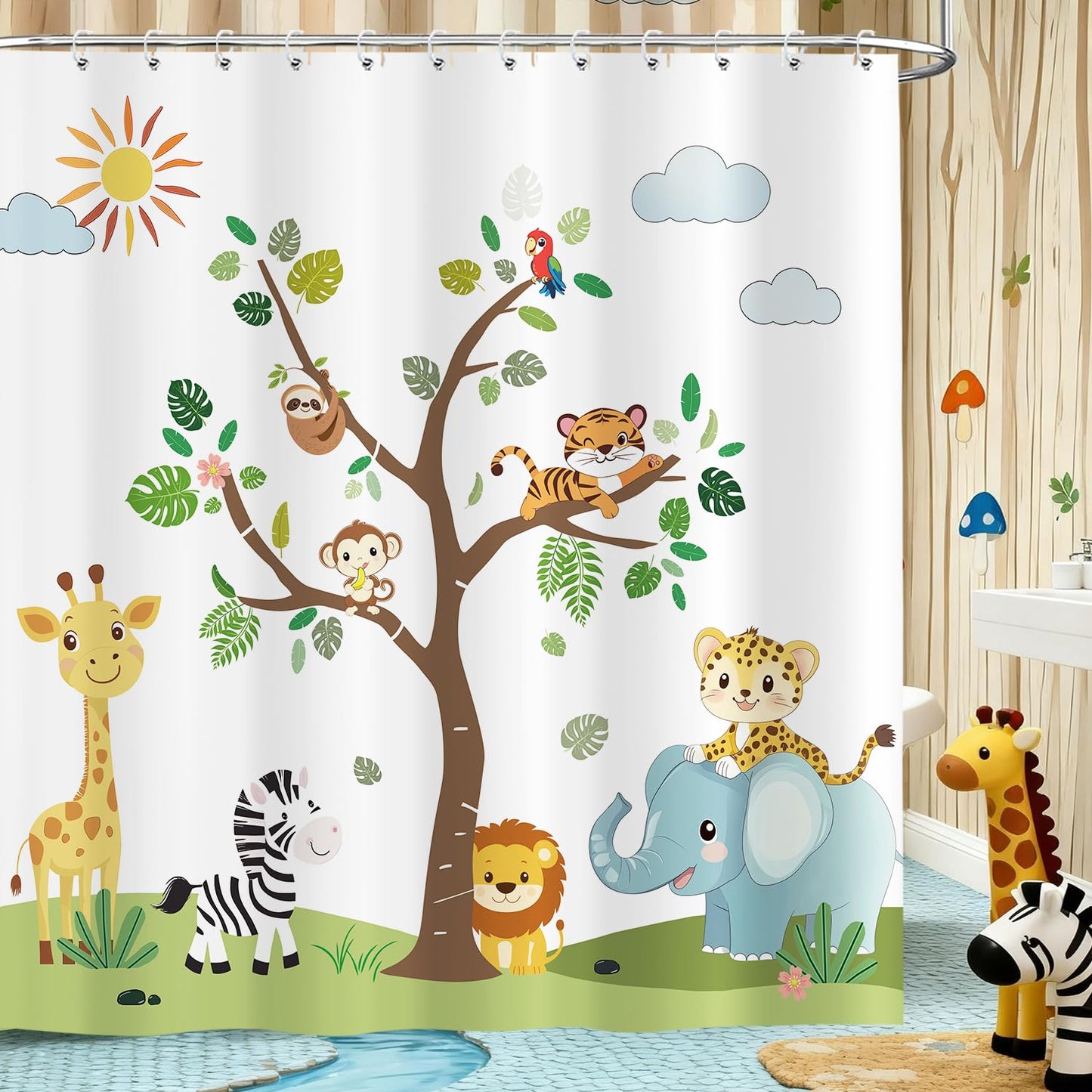 Jungle Animal Kids Shower Curtain, Elephant Lion Giraffe Woodland Safari Shower Curtain Set, Funny Cartoon Animals Educational Fabric Shower Curtain for Bathroom with 12PCS Hooks 72X72IN Green