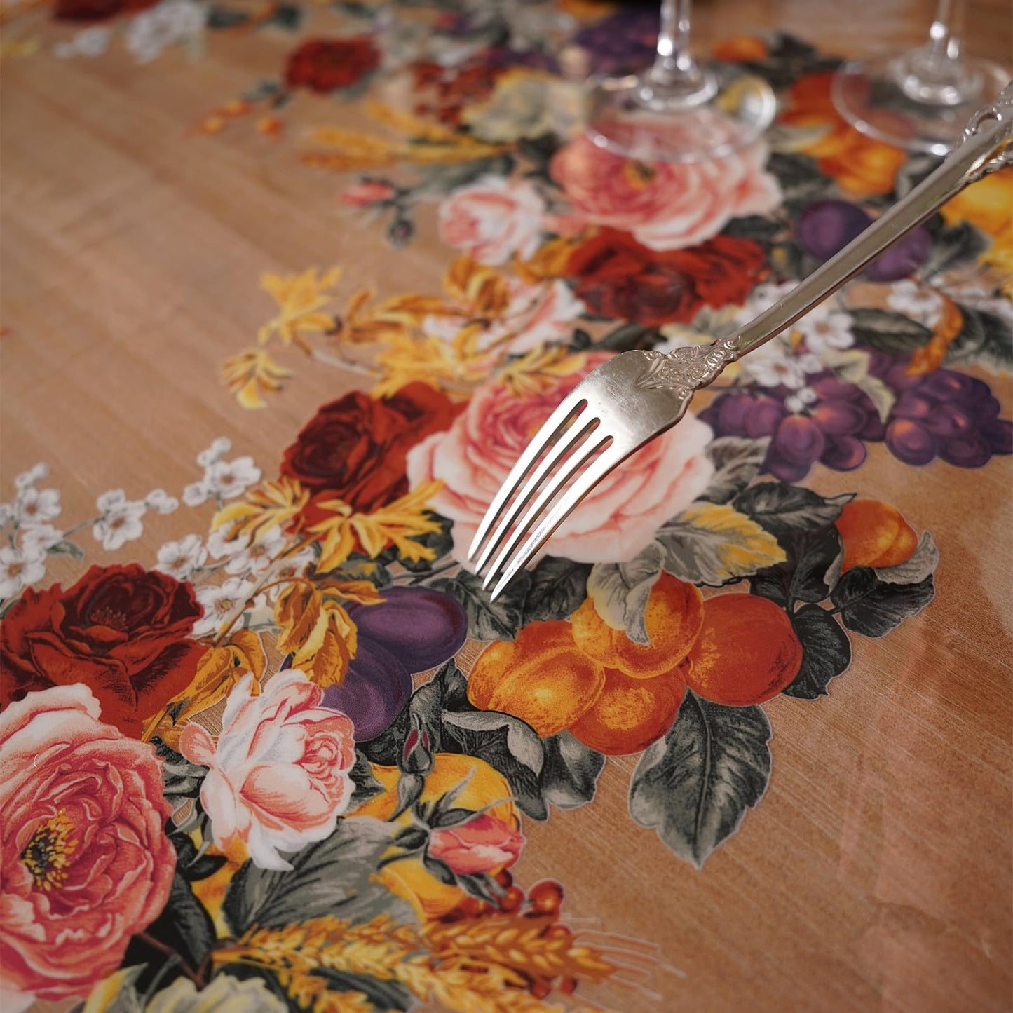 Artbloss Clear Table Cover Protector Vinyl PVC Rectangle Table Cloth with Floral Fruit Pattern Oil Spill Proof Plastic Tablecloths for Dining Tables Parties Holidays (Floral Fruit, 52 x 70 Inches)