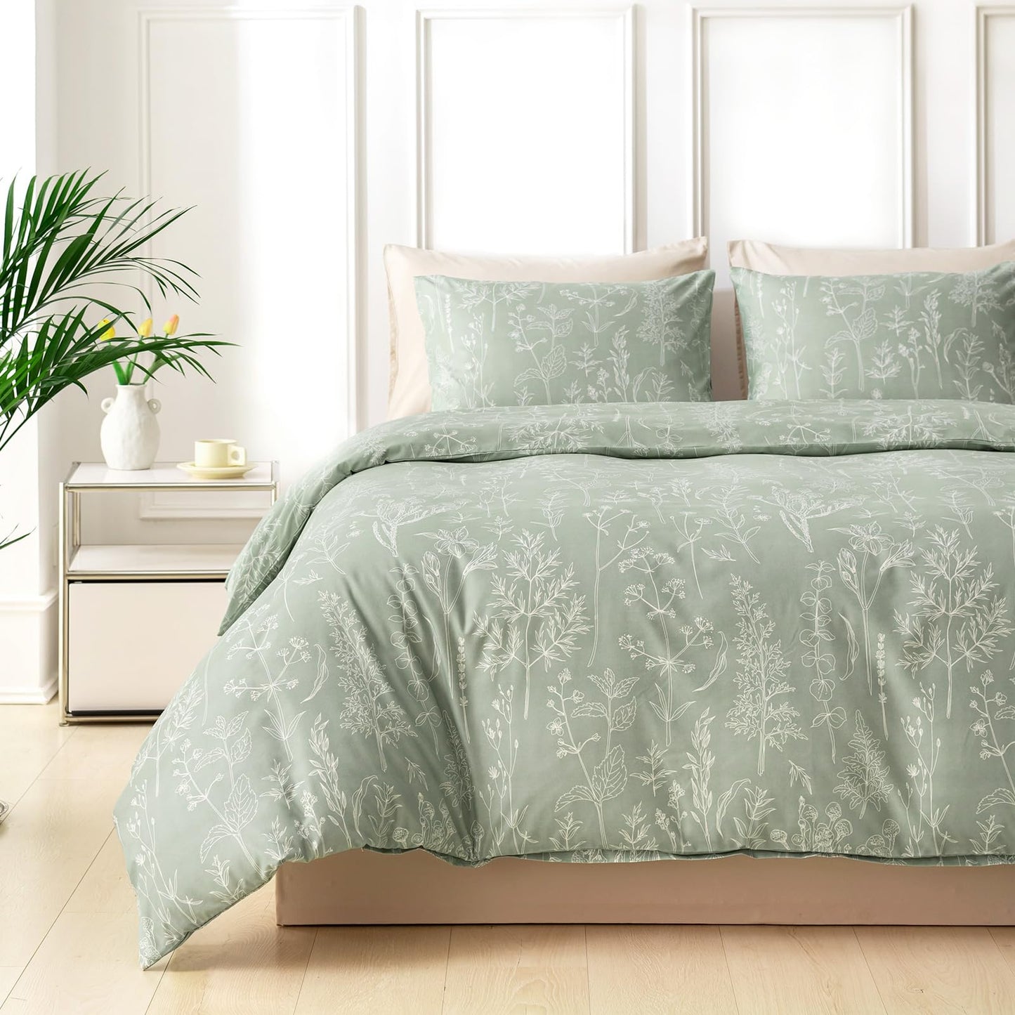 Lekesky Floral Duvet Cover King Size, Sage Green Duvet Cover King Plant Flowers Pattern Bedding Set for All Season, Soft Breathable Duvet Cover with Zipper Closure & Corner Ties