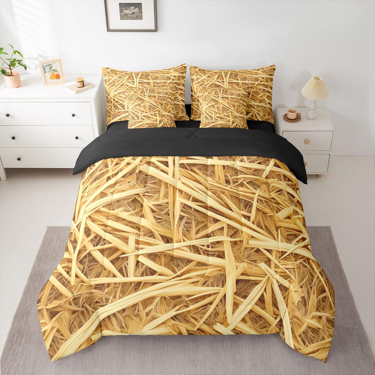 Erosebridal Straw 7 Piece Bedding Set Queen Western Farmhouse Comforter Set with Sheets Cowboy Theme Bed in A Bag Haystack Bed Sets with 2 Pillowcases, 2 Throw Pillow Covers