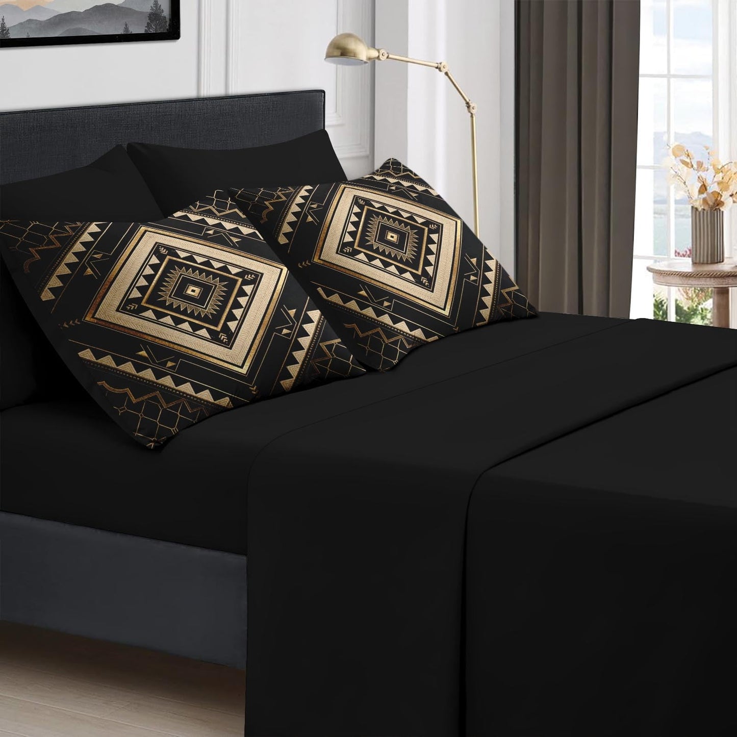 Boewywh Comforter Set Twin Size Aztec Geometric Gold 7 Pcs, Bedding for Kids and Adults, Southwestern Black Bed Sheet Sets with Fitted Sheet 2 Pillowcases & 2 Shams for Bedroom Bed Decor