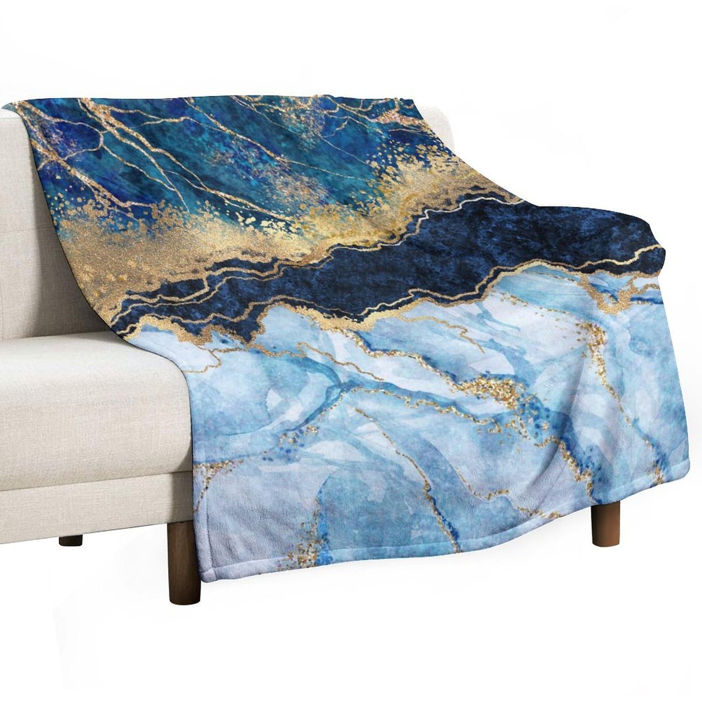 Marble Throw Blanket, Modern Abstract Foil Texture White Blue Gold Marble All Seasons Blanket for Bed Sofa, Super Soft Cozy Shaggy Blanket for Trave and Camping 40"x50"