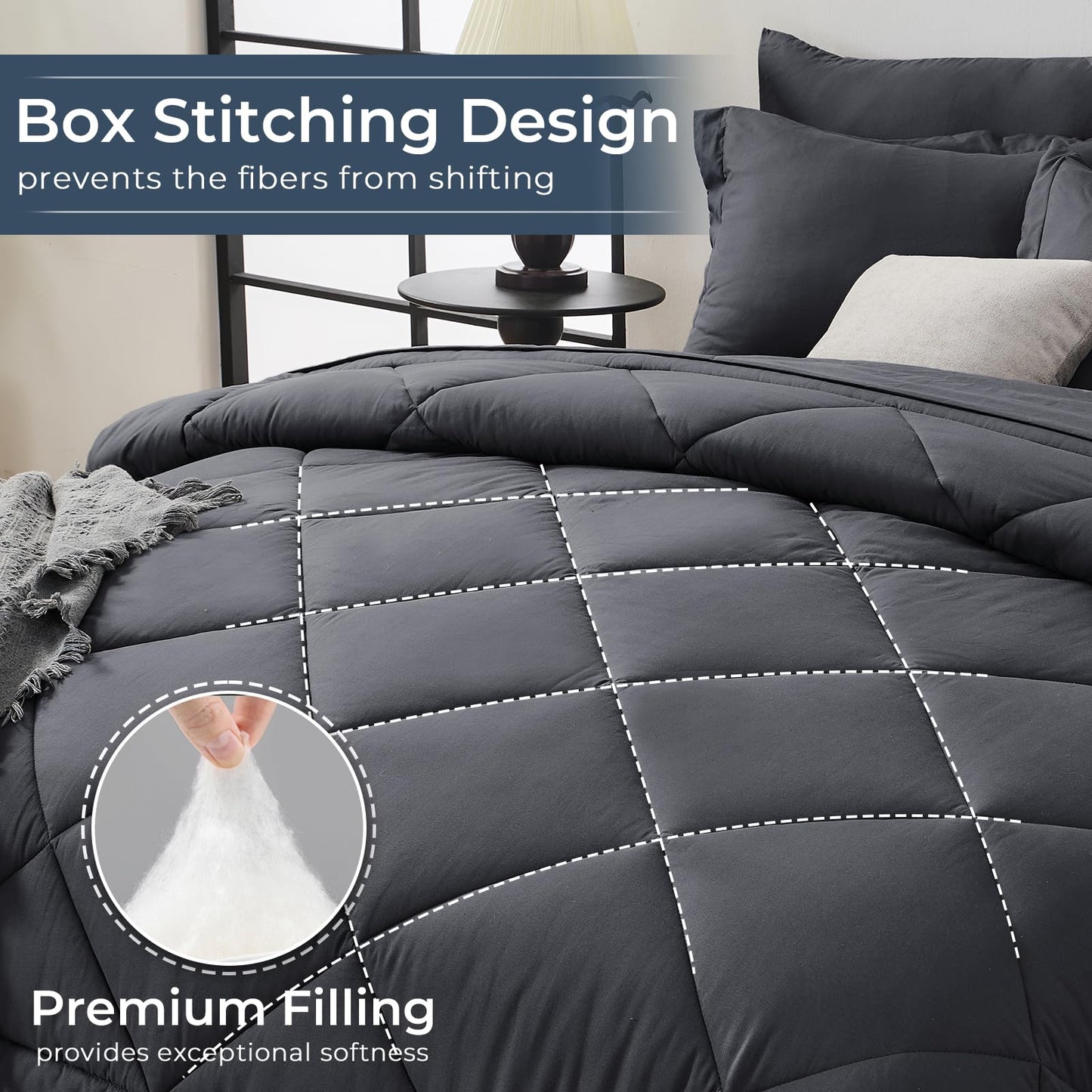 HEVUMYI 7 Pieces Queen Comforter Set, All Season Reversible Bed in a Bag, Ultra Soft Queen Bedding Set with Grey Comforter, Flat Sheet, Fitted Sheet, Pillowcases, Pillow Shams, Dark Grey