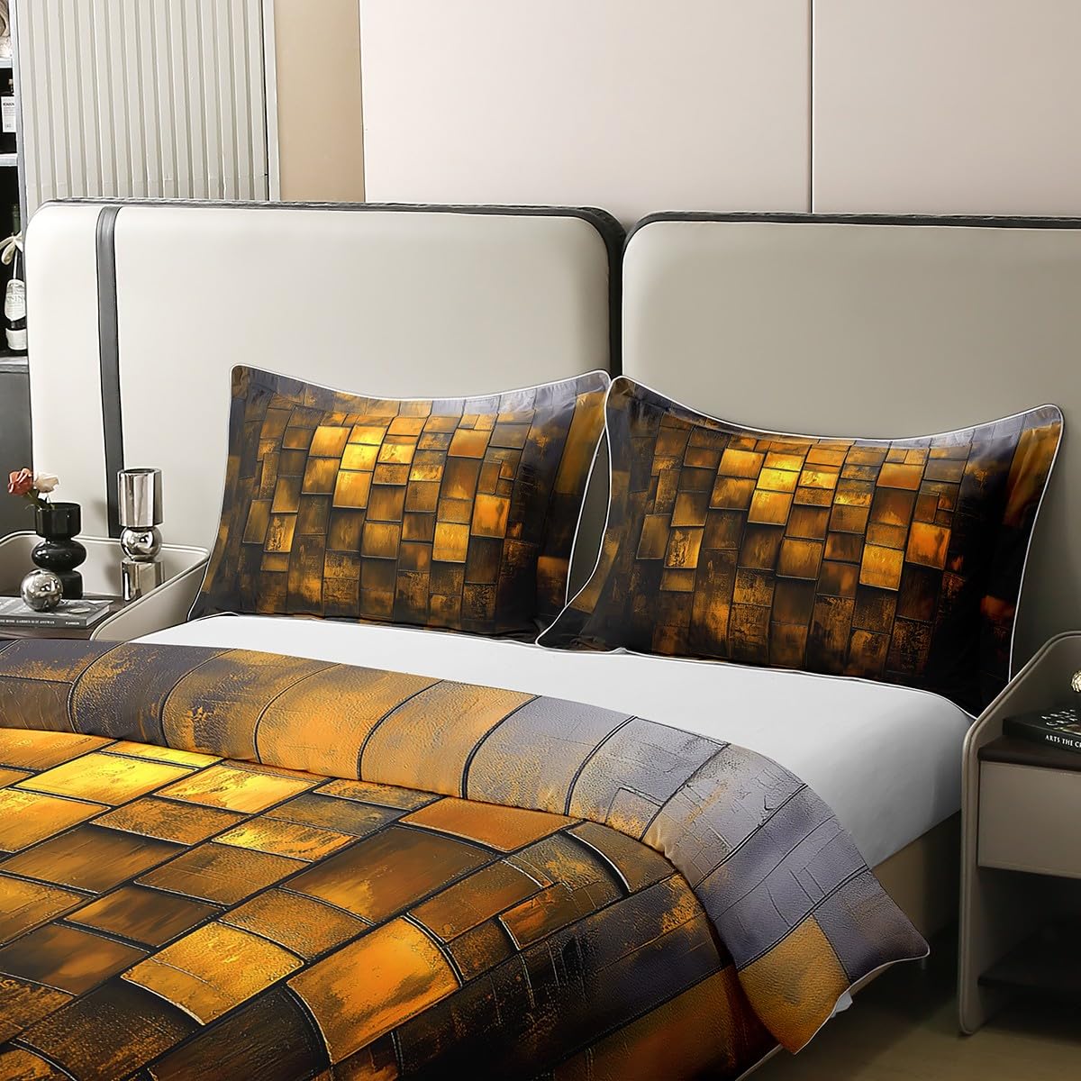jejeloiu Yellow Earth Black Duvet Cover 100% Cotton King Size Kids Abstract Geometric Comforter Cover for Boys Girls Teens Modern Art Bedding Set Breathable Soft Room Decor