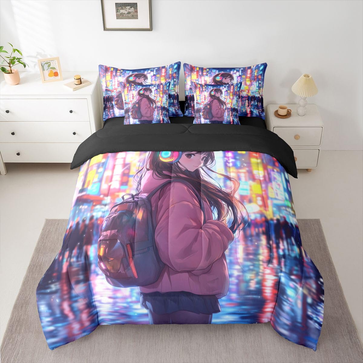 Erosebridal Cool Anime Girl Bedding Set Japanese Style Kids Full Comforter Set 7 Piece 3D Cartoon Girly Anime Bed in A Bag Sci Fi Style Gaming Sheet Set with Comforter Room Decor