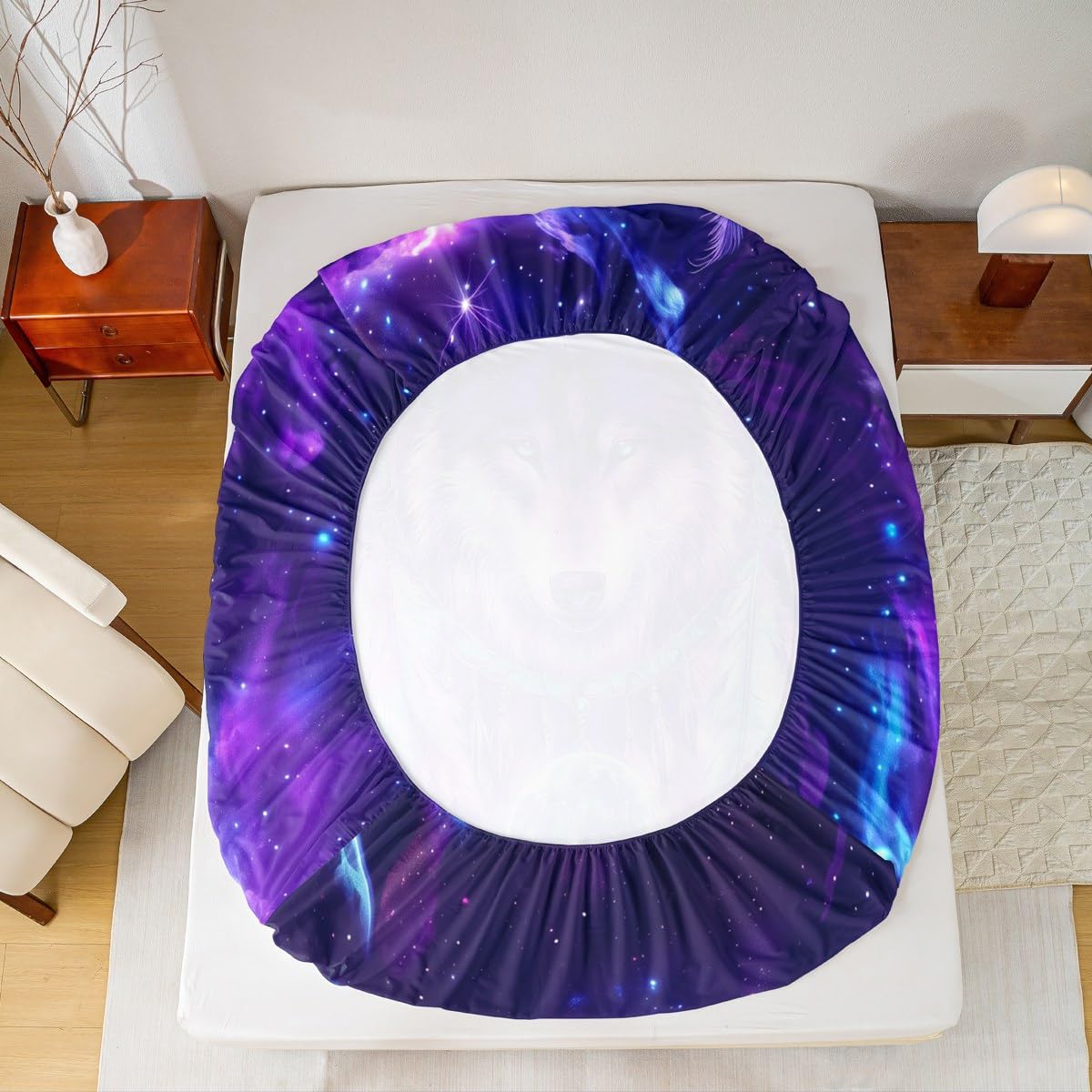 Erosebridal Wolf Flat Fitted Sheet Full Tribal Animal Bed Set Bohemian Feather Wildlife Bed Sheets Set for Kids Boys Adult Bedroom Decor Starry Sky,Purple Blue Bedding Sets with 2 Pillow Cases