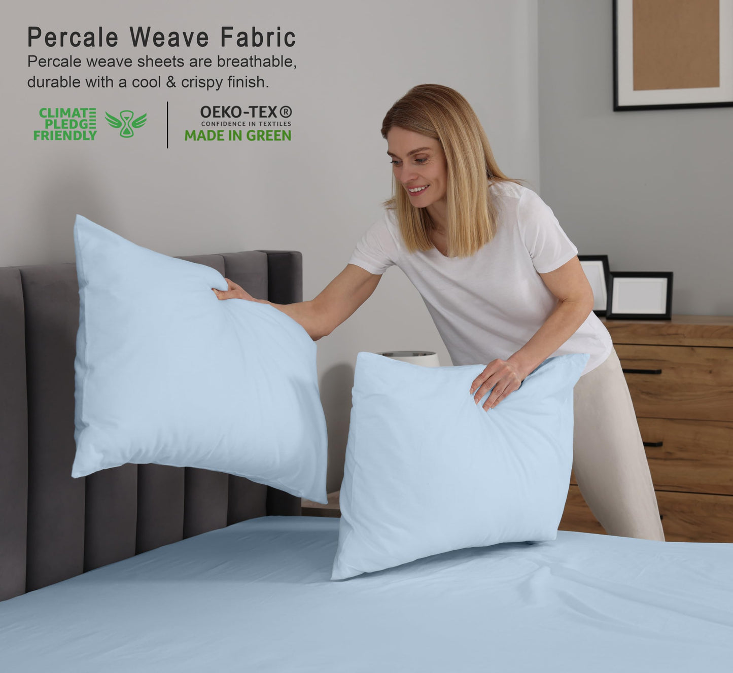 RUVANTI 100% Cotton Percale Sheets, Full Size, Baby Blue