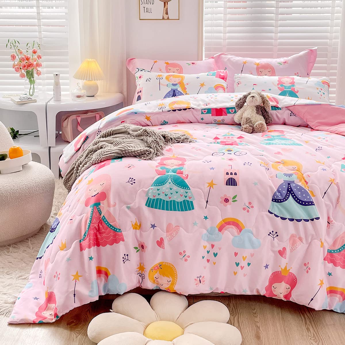 Wajade Kids Pink Princess Comforter Set Bed in A Bag Full Size 7 Piece Princess Fairy Tales Castle Bedding Set for Girl (1 Comforter, 1 Flat Sheet, 1 Fitted Sheet, 2 Pillowcase and 2 Pillow Sham)