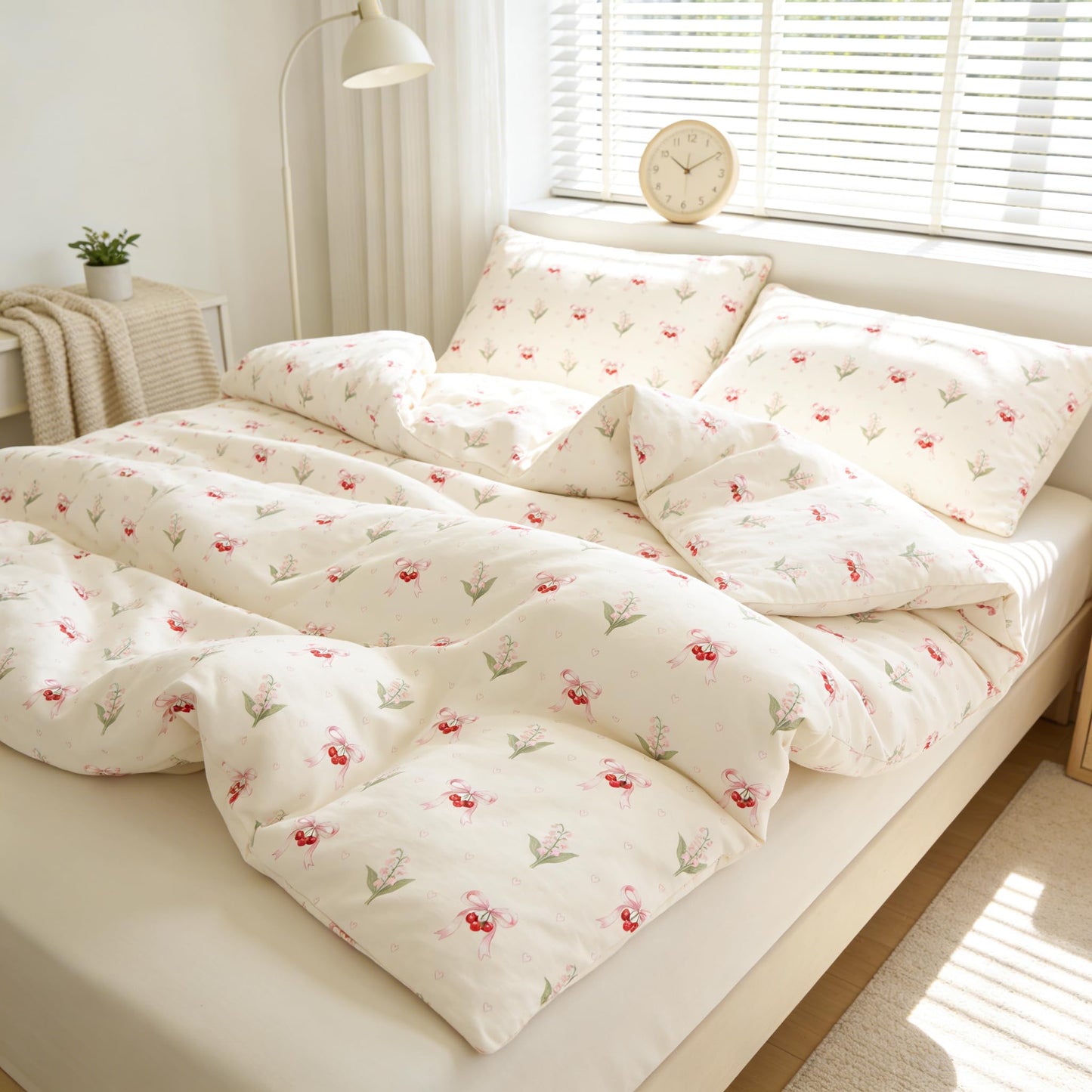Pink Duvet Cover Queen Size Floral Bow Cherry Printed on White Duvet Cover Set Love Pattern Bowknot Heart Spring Romantic Green Botanical Princess Kawaii Soft Microfiber Bedding Set Kids Boys Girls