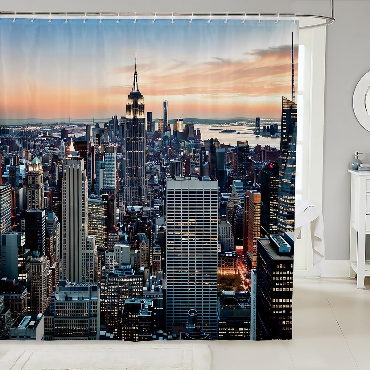 New York Shower Curtain New York City Manhattan Skyline Cityscape Waterproof Bath Curtain Contemporary Artistic Sunset Landscape Bathroom Set with 12 Hooks for Stalls Bathtubs Decorations 72"Wx72"L