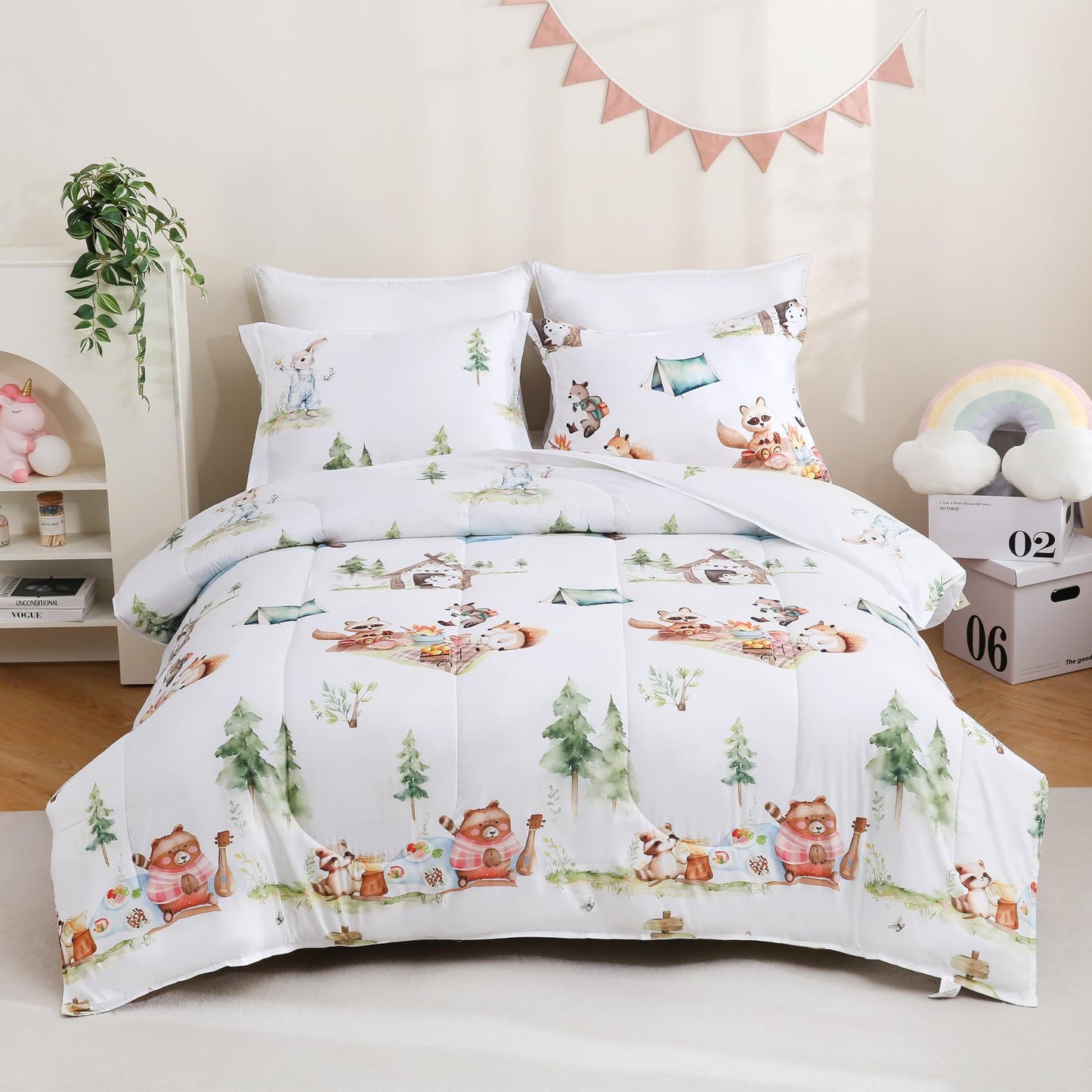 Yibeizi Camper Themed Comforter Set Twin, Kids Woodland Animals Printed Bedding Set with Pillow Sham, Cute Lightweight Soft Breathable Machine Washable Quilted Bed Comforter Set 2 Piece