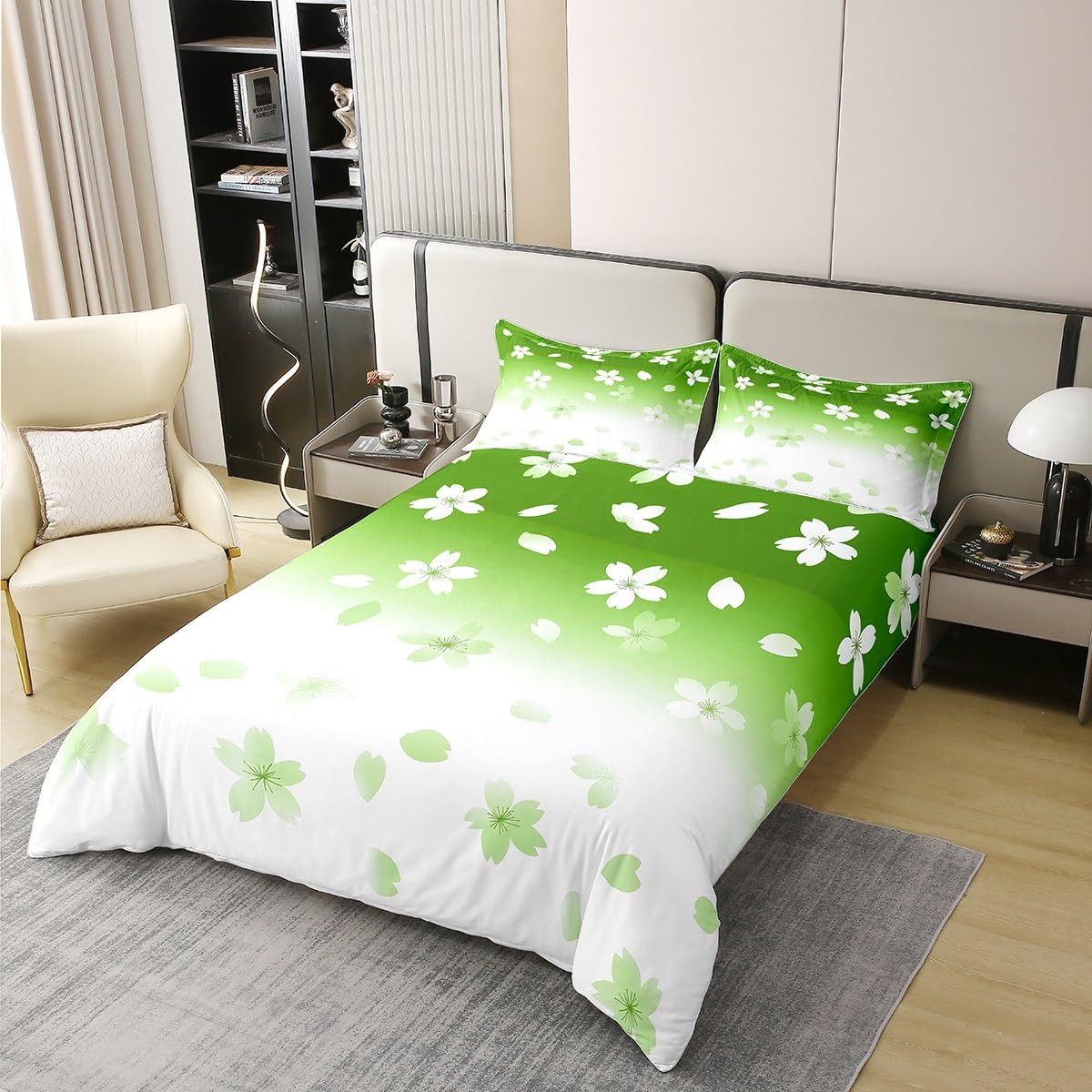 Erosebridal Sakura Duvet Cover Twin Size 100% Cotton Girls Japanese Style Comforter Cover Aesthetic Romantic Cherry Blossom Bedding Set for Kids Boys,Green White Ombre Bed Set