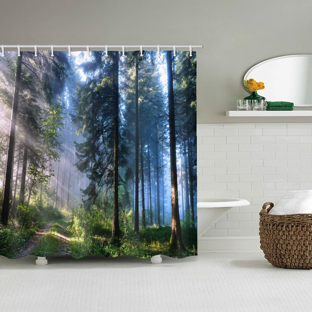 LYFANS Bathroom is Equipped with Mist Sunshine Forest 3D Shower Curtains, Deluxe Bathtub Standard Waterproof Shower Curtains, 12 White Hooks,59x71 Inch Washable Fabric Shower Curtain.