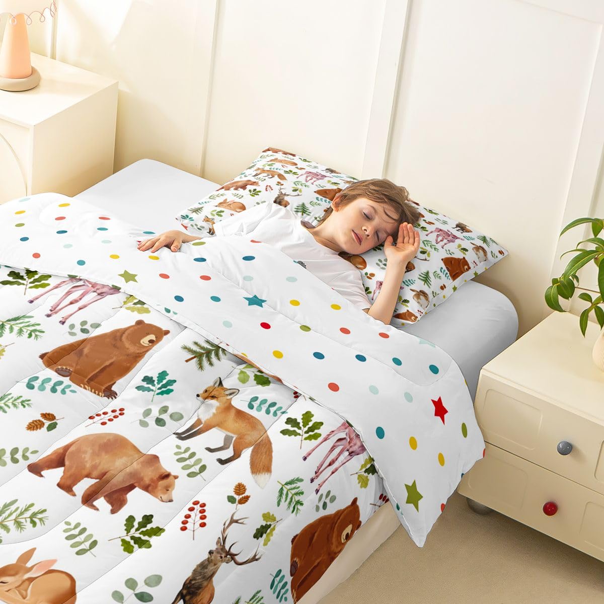 Erosebridal Woodland Forest Animals Twin Bedding Sets for Boys Girls, Cartoon Animal Print Comforter Set for Kids Teen, Cute Bear Deer Fox Rabbit Bed Set, Wildlife Theme Room Decor (1 Pillowcase)