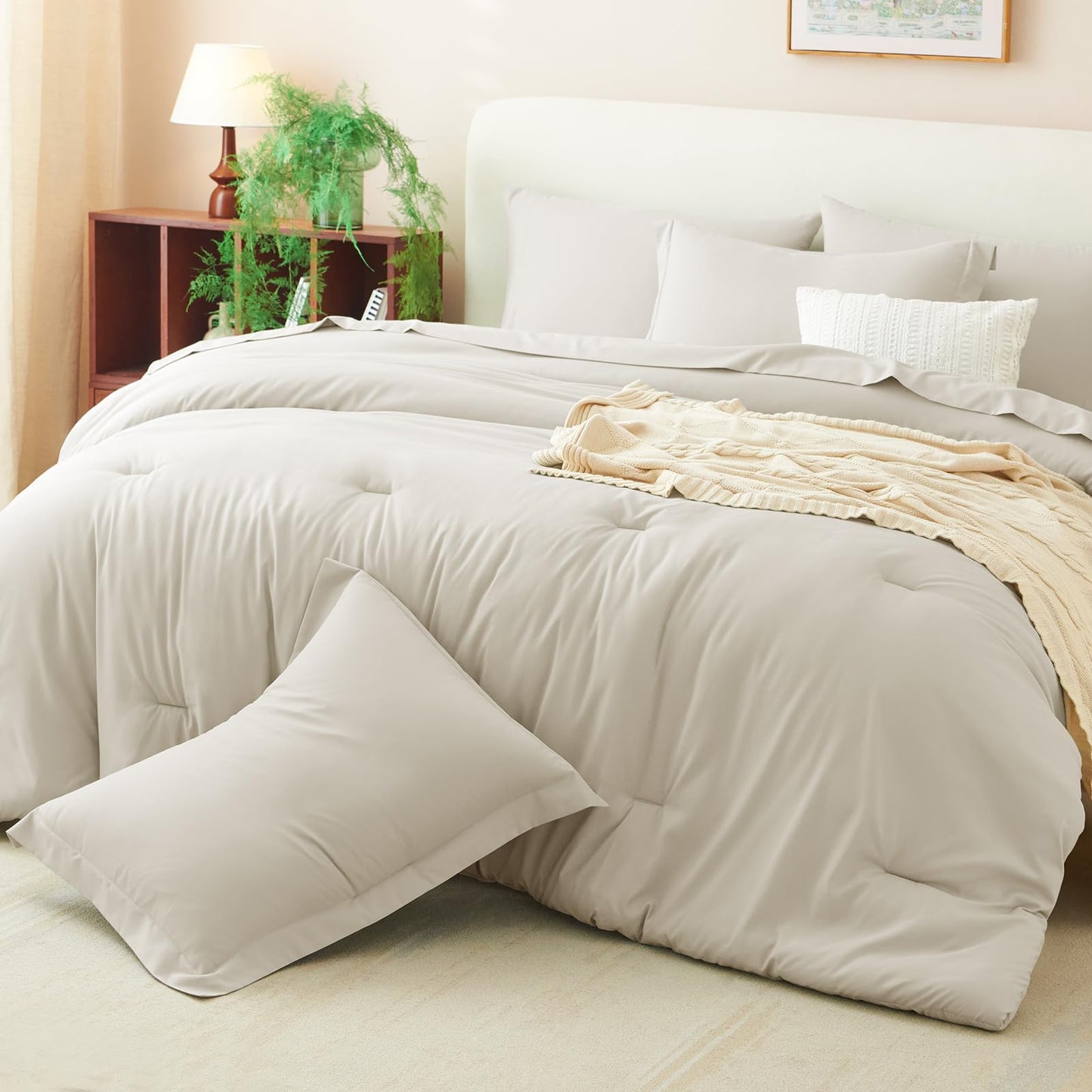 CozyLux Queen Comforter Set Beige, 7 Pieces Bed in a Bag Queen Comforter Set with Sheets, Luxury Soft Bedding Sets with Down Alternative Comforter, Fitted Sheet, Flat Sheet, Pillowcases & Shams