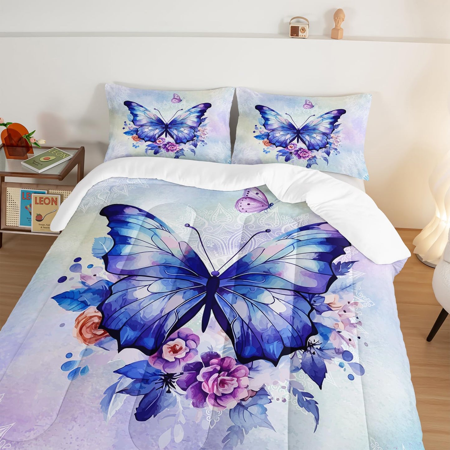 HOSIMA Floral Purple Butterfly Comforter-Soft Microfiber,Fantasy Butterfly Aesthetics Full Size Bed in a Bag for Kids Girls Teens Women,Mandala Preppy Bedding 3Piece with 2 Pillow Shams.