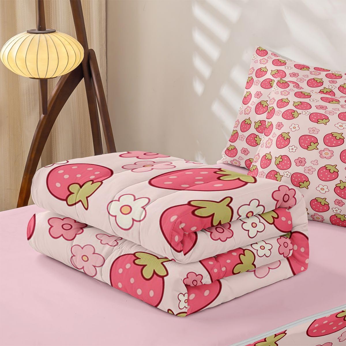 Erosebridal Kawaii Strawberry Zippered Comforter Set Girly Floral Zipper Bedding Set Twin Size Japanese Style Bed in a Bag Cute Cartoon Fruit Food Comforter with Sheets