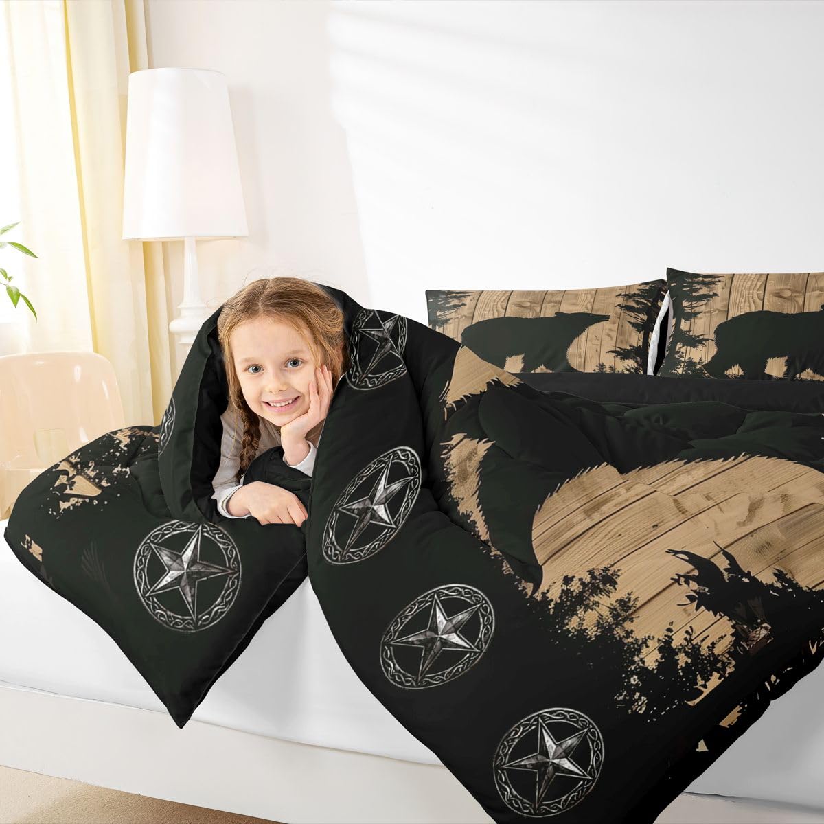 jejeloiu Bear Bedding Set Soft for Boys Girls, Wild Animal Comforter Set Queen Size Wild Retro Wood Duvet Quilt Microfiber Rustic Cabin Country Bedroom Decor 3 Pcs with 2 Pillow Cases