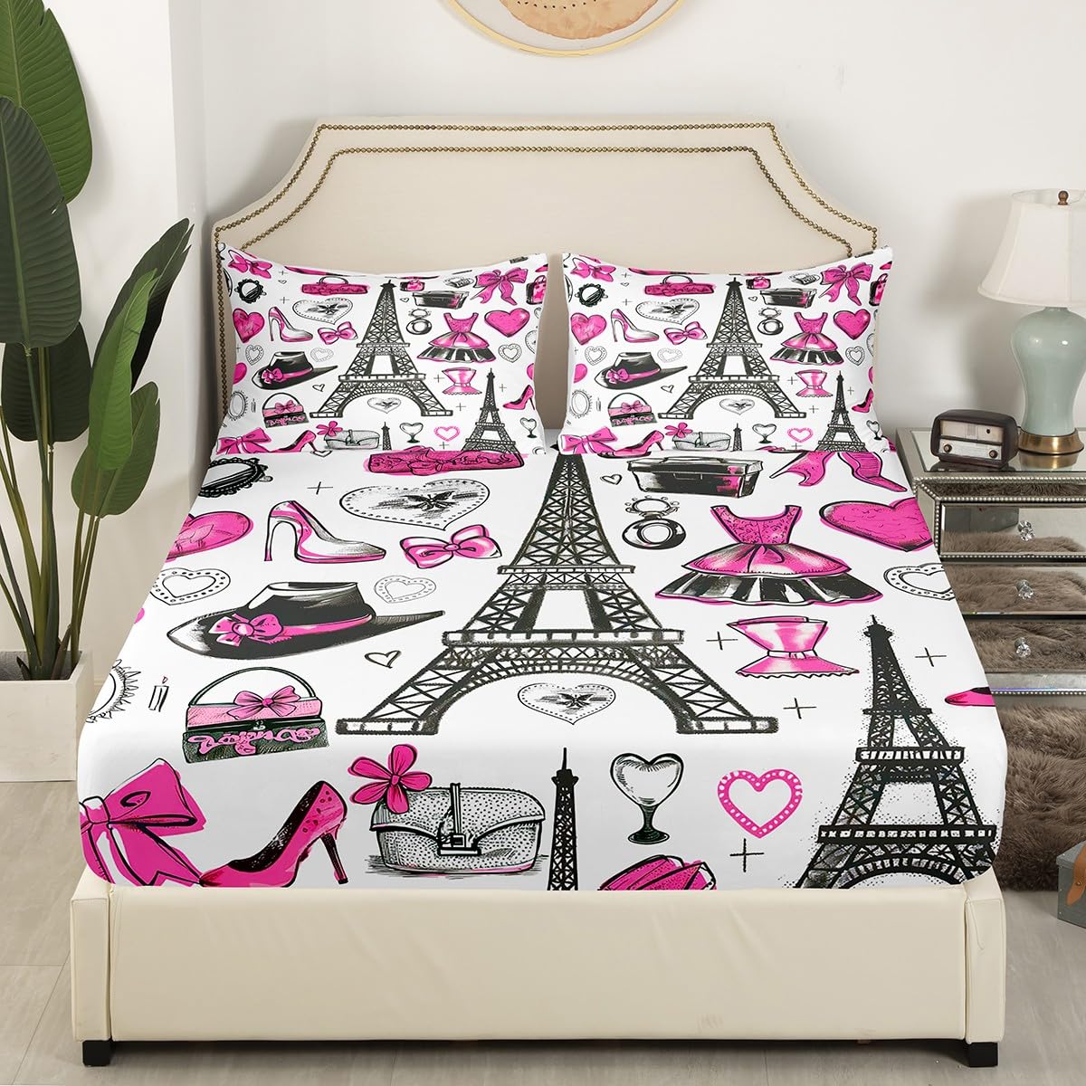 Fashion Women Clothing Fitted Sheet Full for Boys Kids Teens Bedroom,Romantic Eiffel Tower Bedding Set(No Top Sheet),Pink Hat Bag Bed Sheet,Makeup Theme Bed Cover,2 Pillowcases