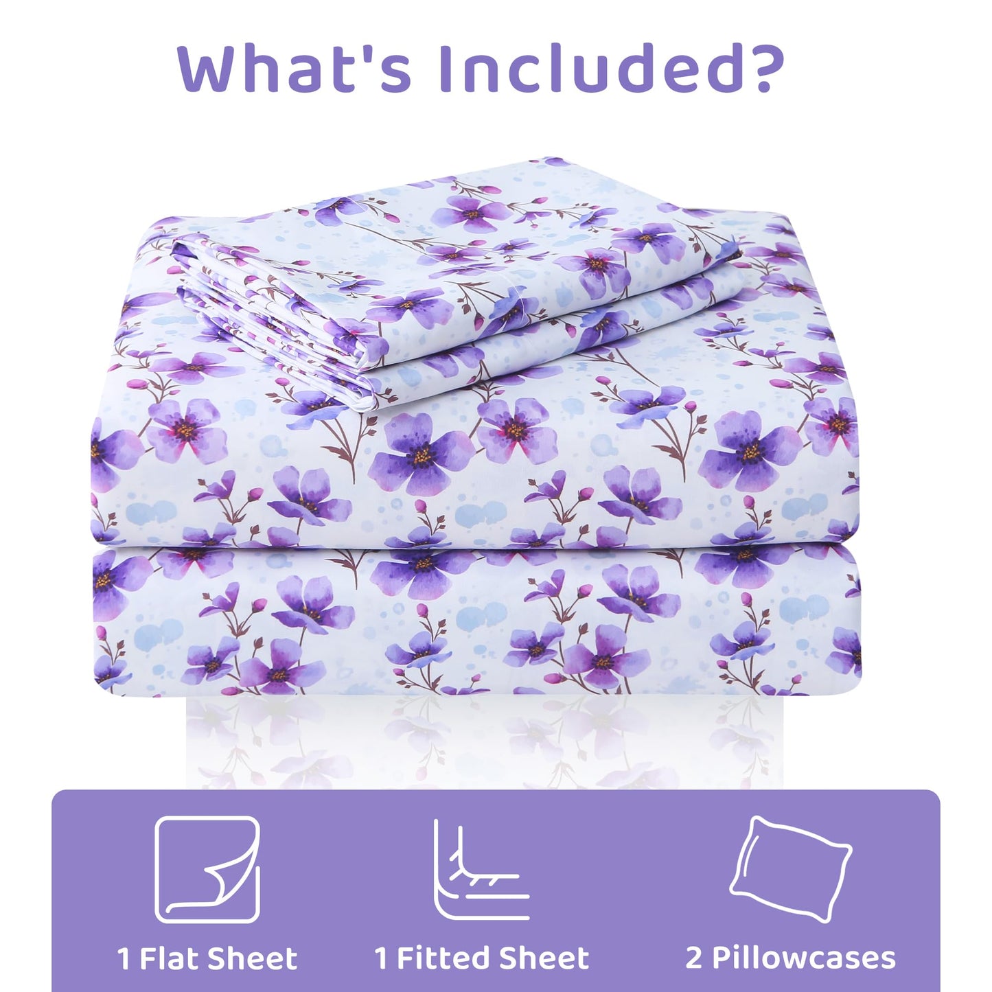 Mooreeke Cozy Floral Microfiber Printed Full Sheet Set - Soft & Breathable Purple Floral Bed Sheets with Deep Pocket - Non-Slip Fitted Design - Purple Flowers Pattern - Full