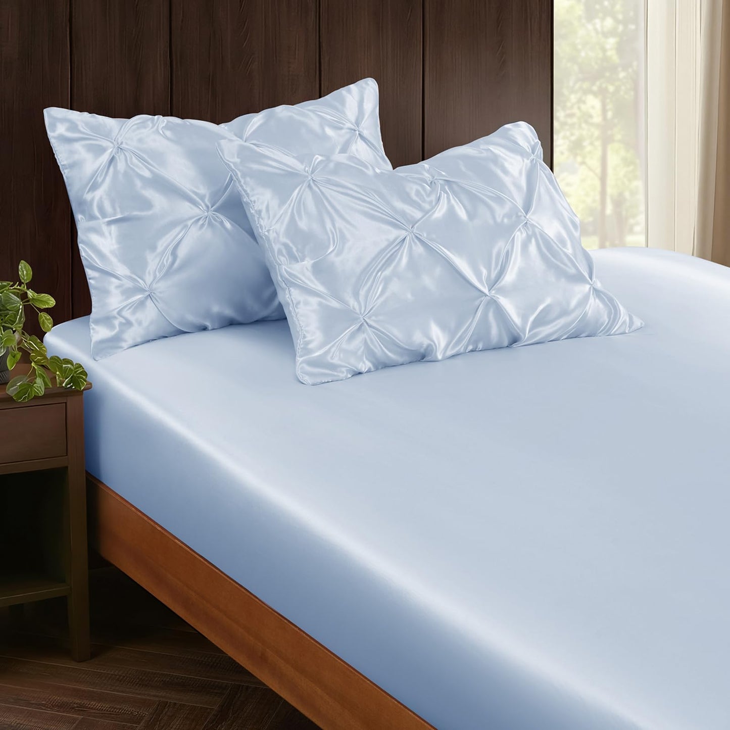 P Pothuiny 3-Piece Set Pintuck Satin Pillowcases & Twin Fitted Sheet, Baby Blue Satin Sheet Silky Soft Luxury Romantic Pinch Pleated Bedding Bedroom Dorm Decor, 15 Inch Deep Pocket