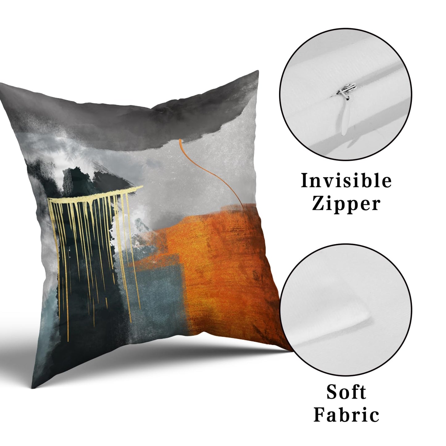 Retro Gold Throw Pillow Covers - Abstract Rust Orange Teal Gray Black Pillow Case Set of 2 Burnt Orange Painting Cushion Covers Decorative 18 x 18 Inches Pillowcases for Home Decor